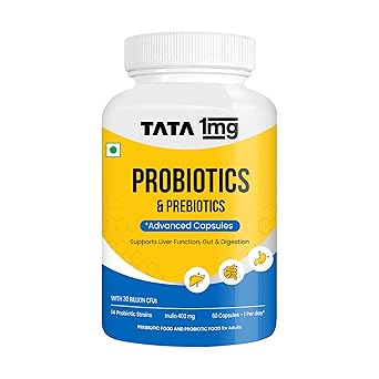 TATA 1mg Probiotics 30 Billion CFUs+ Capsules with Prebiotic Fiber- 60 Count | Gut Health & Digestion Support Supplement | For Men & Women
