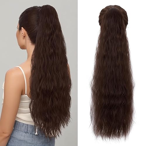 Miniatura 8 de S-noilite Extensión de cola de caballo larga con cordón, de 32 pulgadas, rizada, ondulada con clip, para mujer, color rubio con mezcla de rubio