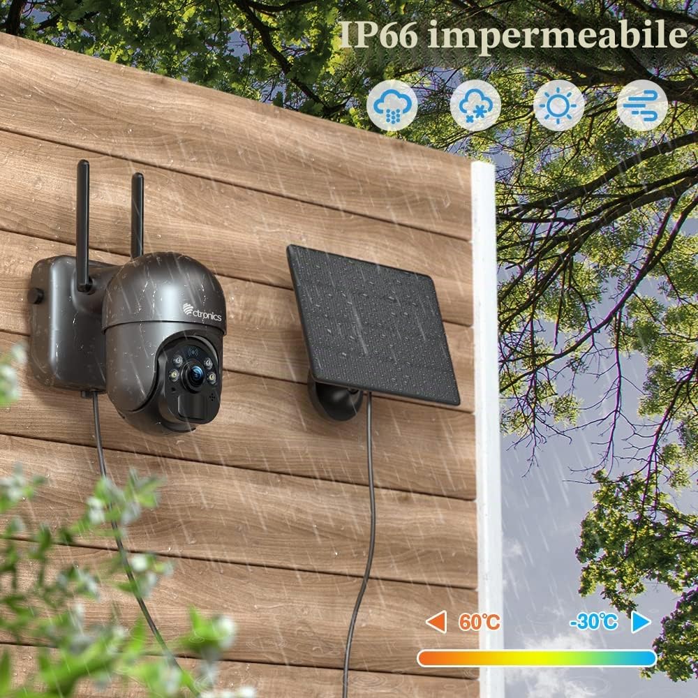 Ctronics 2.5K 4MP Telecamera Wi-fi Esterno con Pannello Solare | 2560 * 1440P, Batteria 355°/90° PTZ, Luce LED Visione Notturna a Colori, Rilevamento Umano PIR, IP66