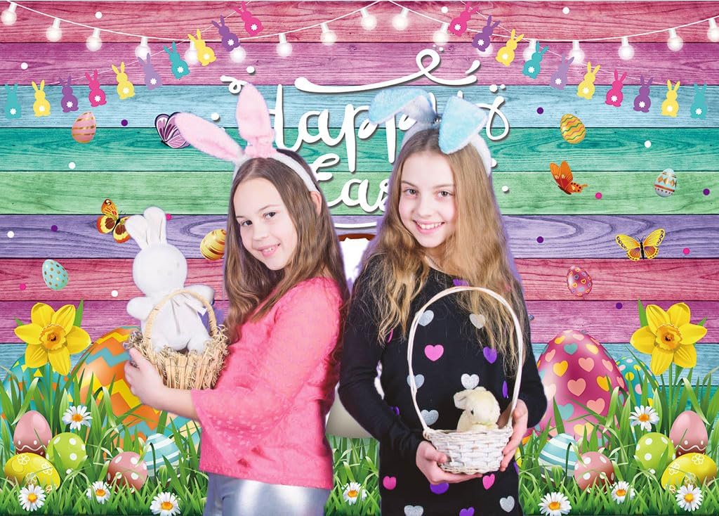 Happy Easter Backdrop Colorful Wood Wall Easter Bunny Colorful Eggs Photography Background Spring Baby Shower Newborn Kids Birthday Party Decor Photo Shoot Props 7x5FT