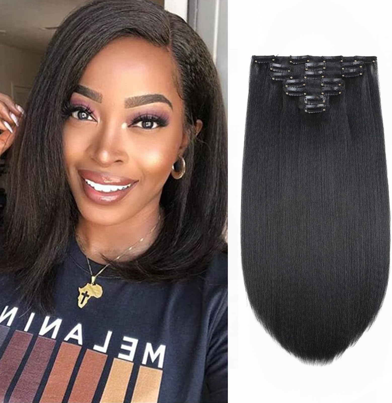 Amazon.com : 14 Inch Kinky Straight Clip in Hair Extensions Natural ...
