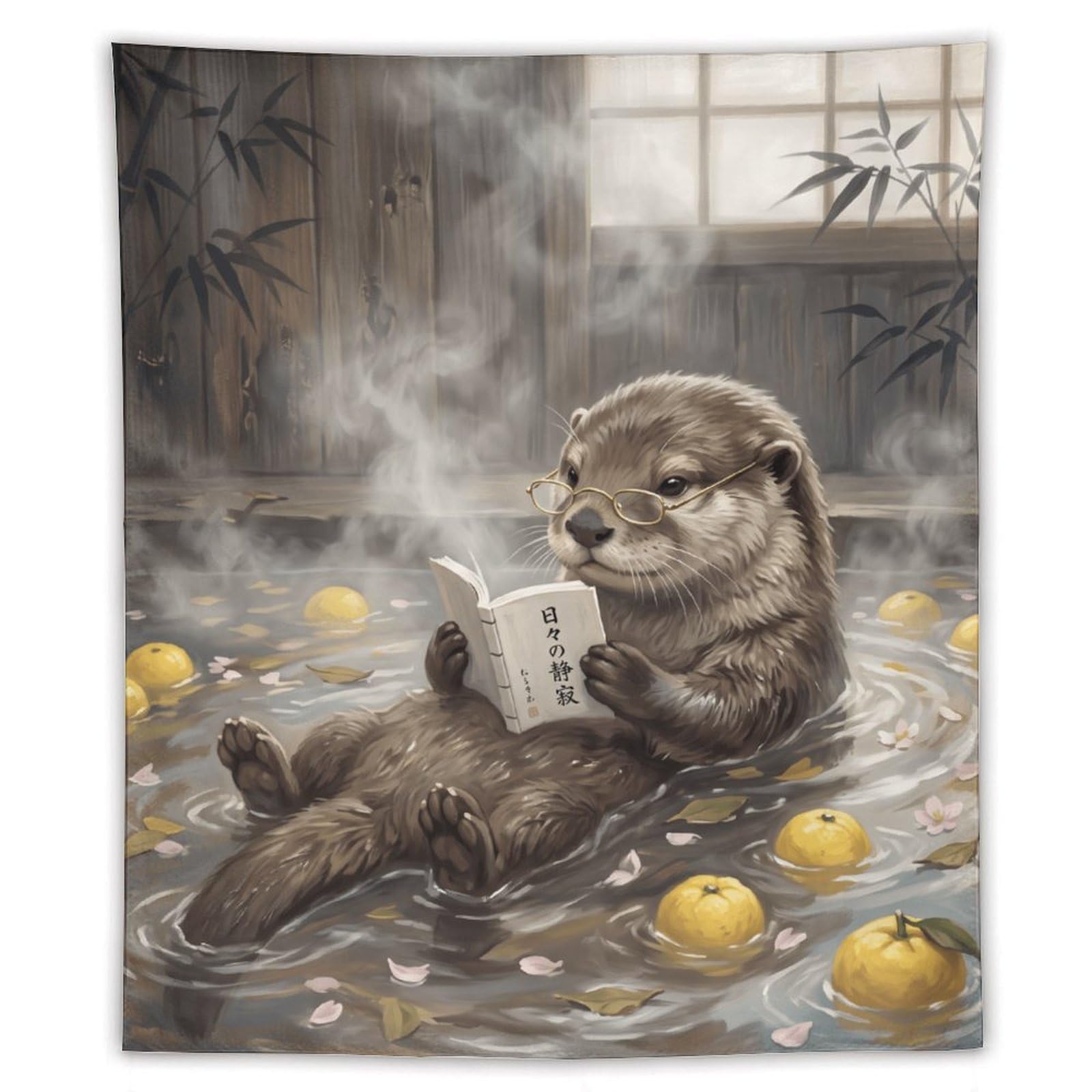 Reading Otter Lemon Bath Wall Tapestry, Realistic Illustration, Bed