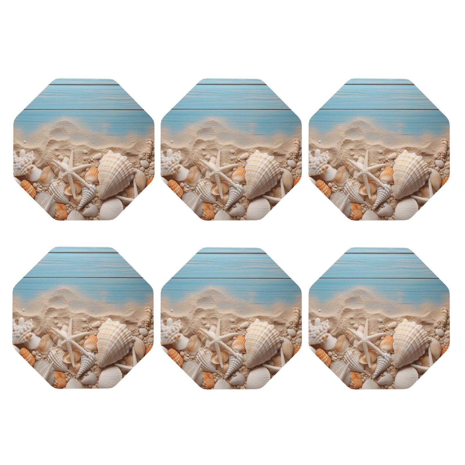 6pcs Leather Coasters for Drinks, Sea Shells and Starfish Drink Coasters for Tabletop Protection, 4" Cup Coasters for Coffee Table Decor, Non-Slip Drinking Cup Mat for Hot Or Cold Drink