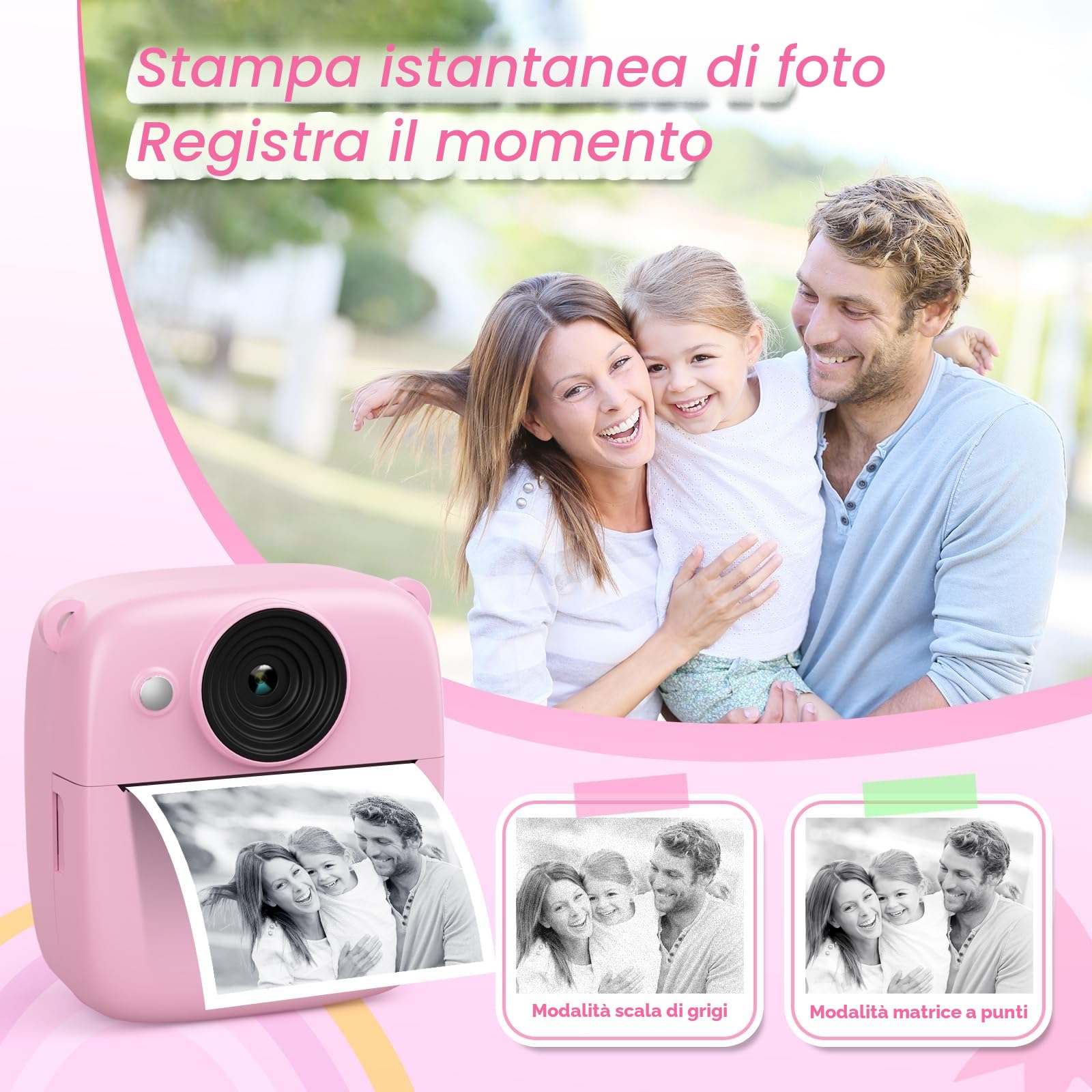 CalineGam Macchina Fotografica Bambini Istantanea, 2.0 Pollici Fotocamera Digitale Bambini con 32GB Scheda e Carta Fotografica, Regali di Natale Compleanno per 4 5 6 7 8 9 10 Ragazze Ragazzi (Rosa)