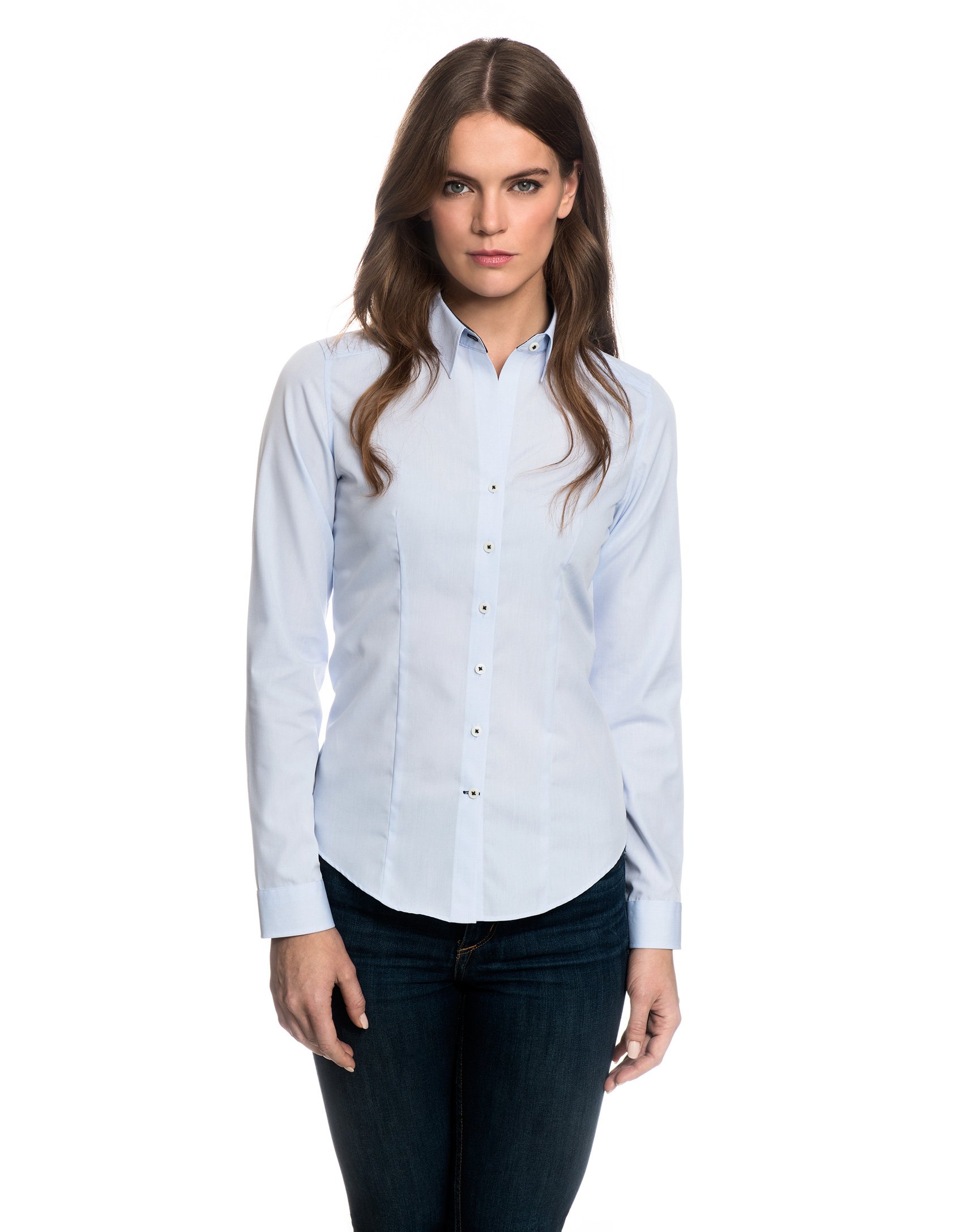 Embraer Damen Bluse tailliert 100% Baumwolle bügelfrei mit Kontrasteinlage Langarm Hemdbluse elegant festlich Kent-Kragen auch für Business und unter Pullover