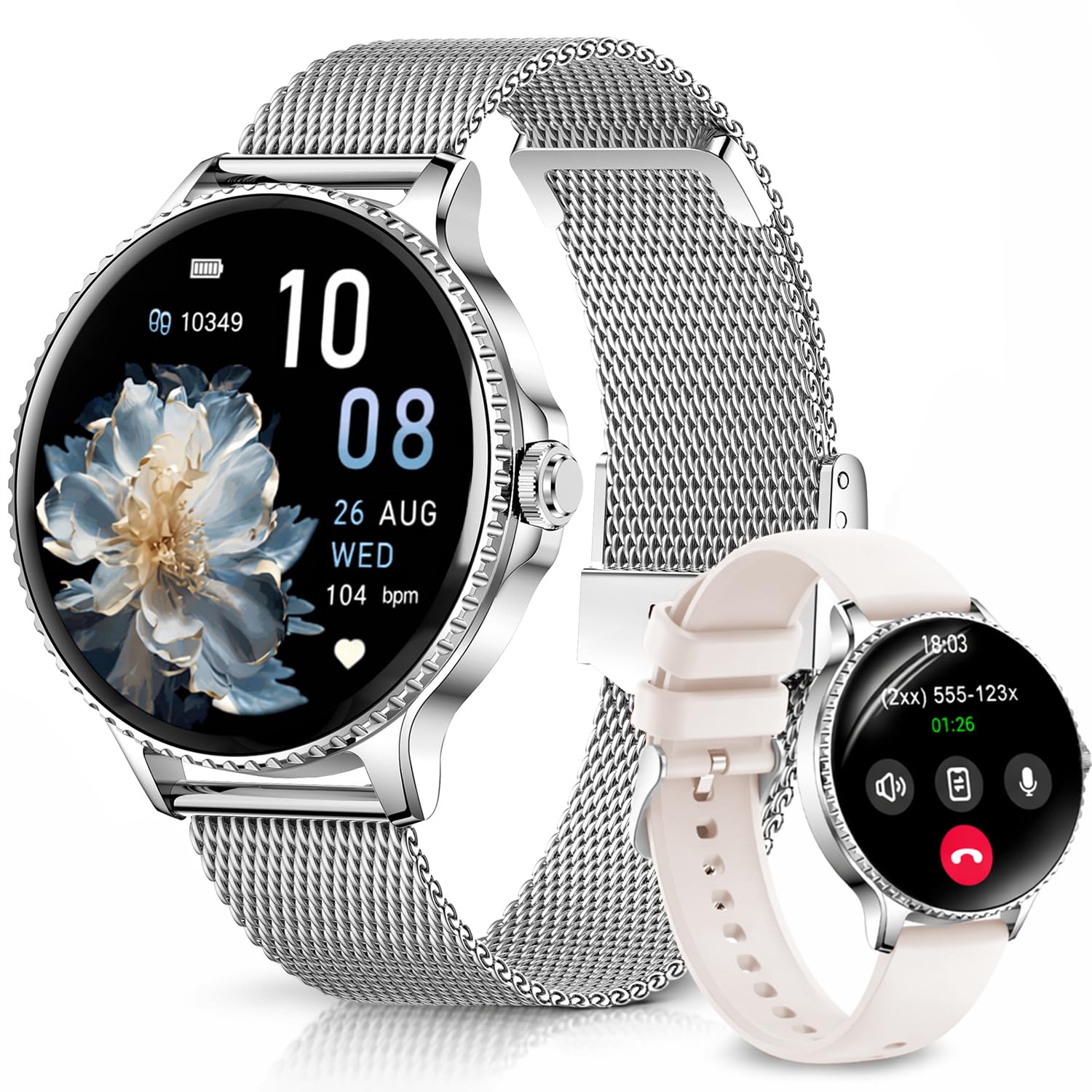 Reloj Inteligente Mujer, 1.27" Smartwatch Mujer Redondo con Llamadas y Whatsapp Notificación, SpO2/Pulsómetro/Sueño/Podómetro, 110+ Modos Deporte, 2 Correas, IP68 para Android iOS Plata