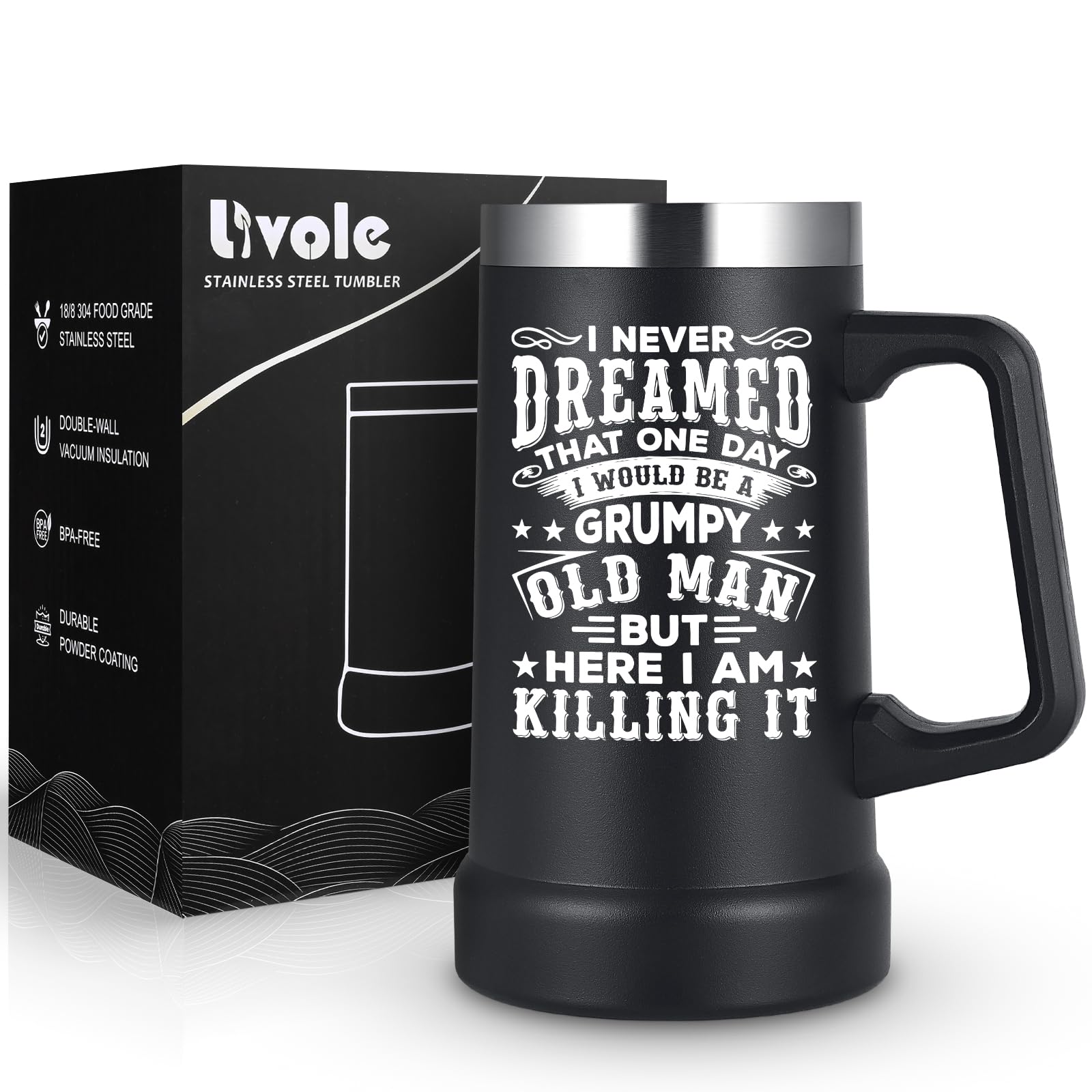 Livole I Never Dreamed That One Day I Would Be A Grumpy Old Man But Here I Am Kiling It, Beer Gifts for Men, Dad, Grandad, Husband, Him, Grumpy Old Man Gifts, 24oz 700ml Insulated Beer Mug with Handle