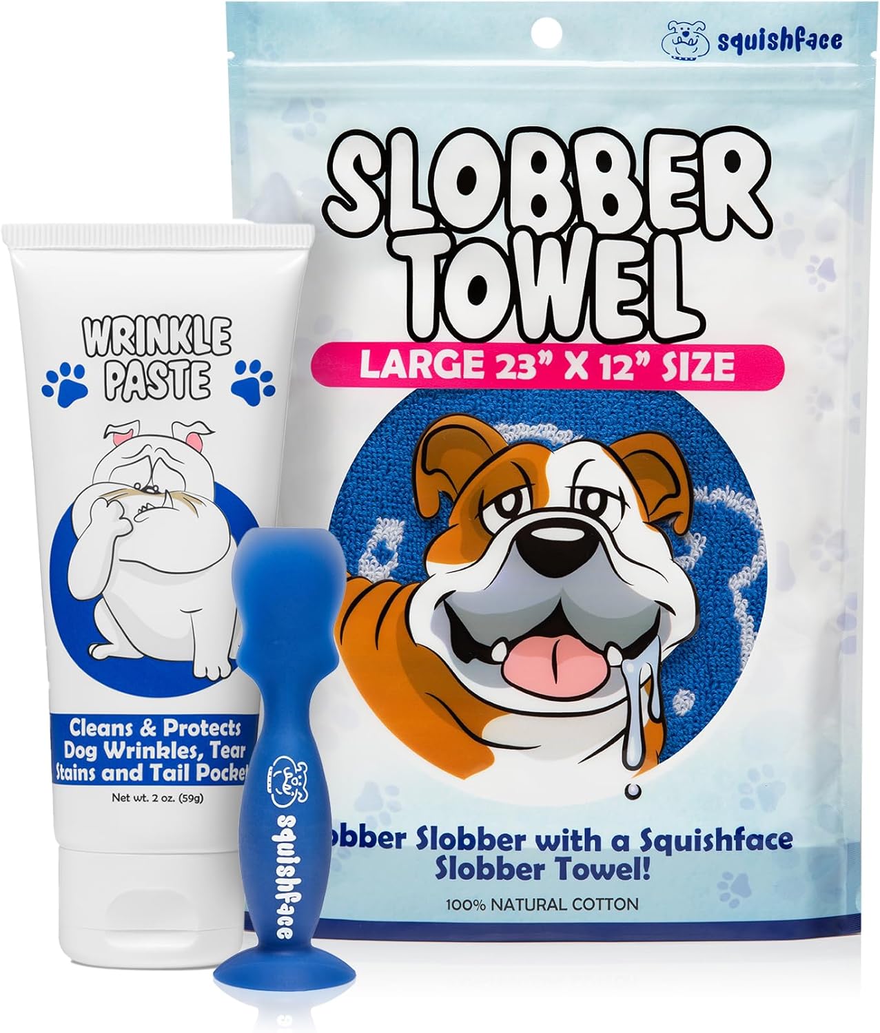 Squishface Wrinkle Paste + Flexible Silicone Applicator + Slobber Towel - Dog Wrinkle Cream Applicator Bundle - Softer, Cleaner Way to Clean Your Dog's Face - Great for All Breeds!