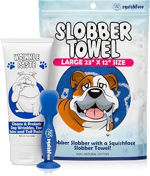 Squishface Wrinkle Paste + Flexible Silicone Applicator + Slobber Towel - Dog Wrinkle Cream Applicator Bundle - Softer, Cleaner Way to Clean Your Dogs Face - Great for All Breeds!