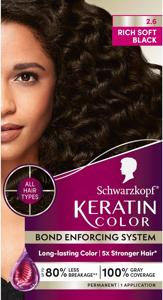 Crema de tinte permanente para el cabello Schwarzkopf Keratin, 2.6 Rich Soft Black, color de calidad profesional para una cobertura gris de hasta el 100%, sistema de aplicación de bonos
