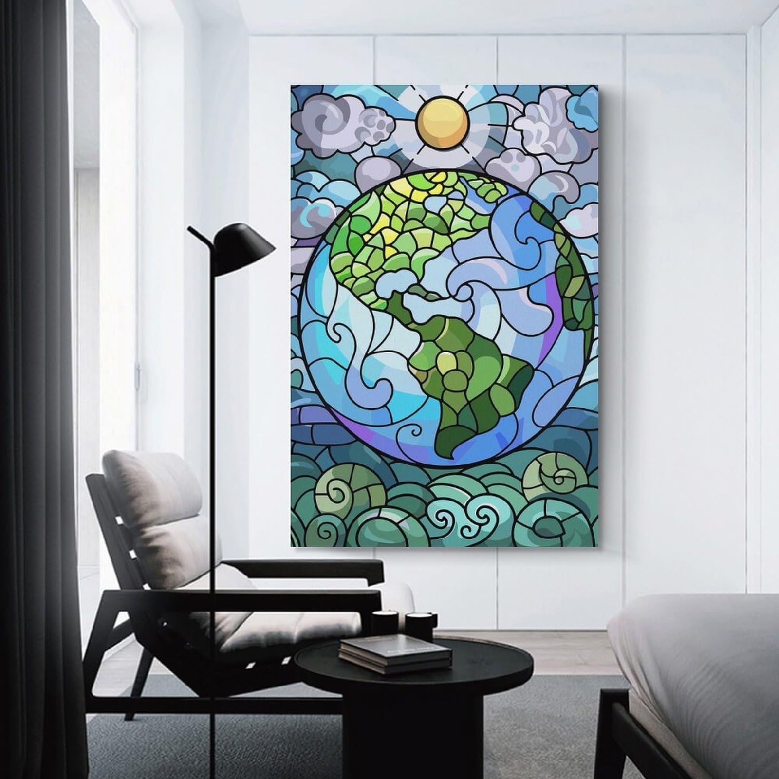 Junmoney Stained Glass Earth And Sun Decorative Canvas Print 20x30inch(50x75cm), for Flats, Guest Rooms Or Compact Rooms, Home Artwork for Modern Interiors