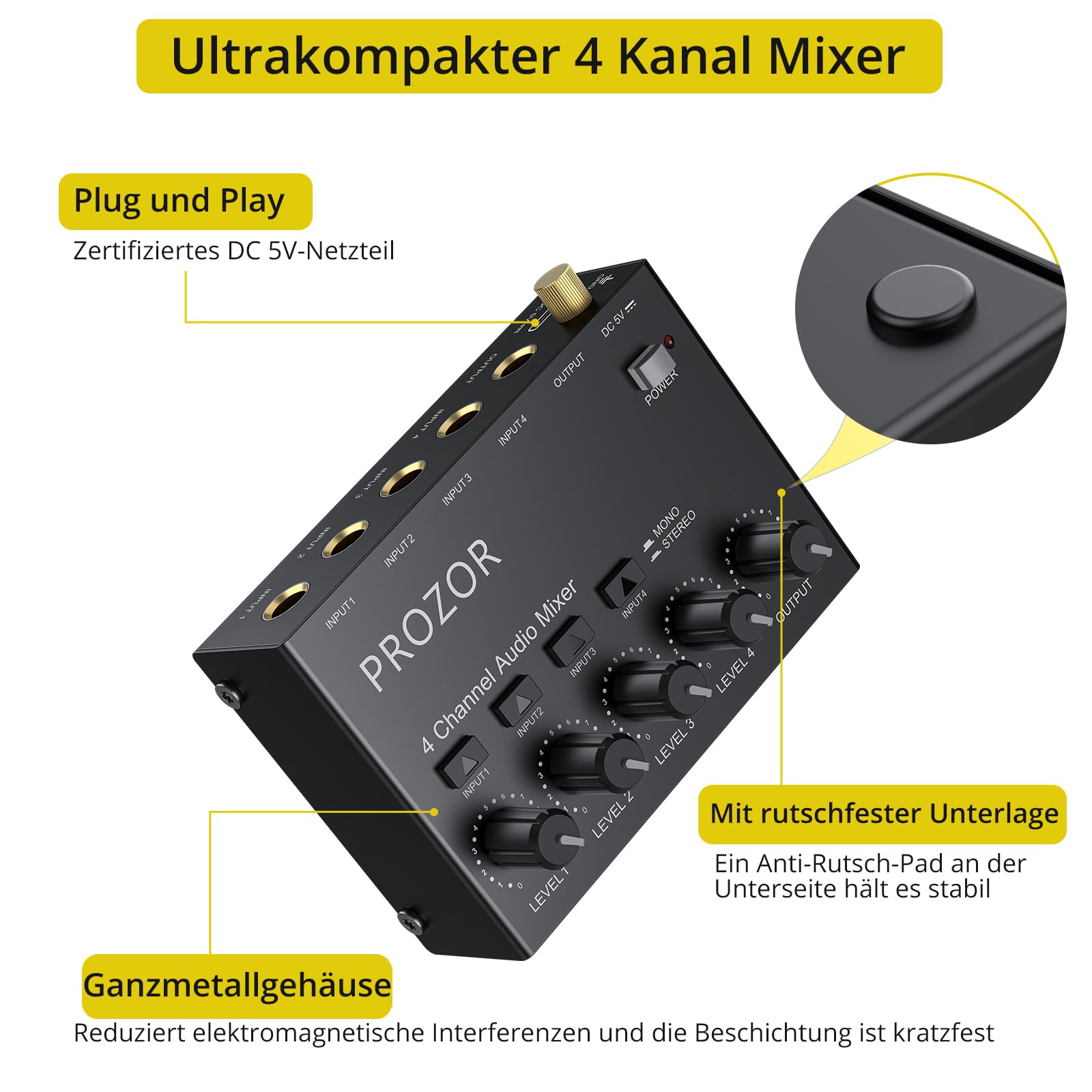 PROZOR 4-Kanal Audio Mixer Aktiver Mischer Mischpult Mit 3,5mm auf 6,35mm Umschaltkopf Kompakte Mischkonsole für Mikrofone, Gitarren, Bass