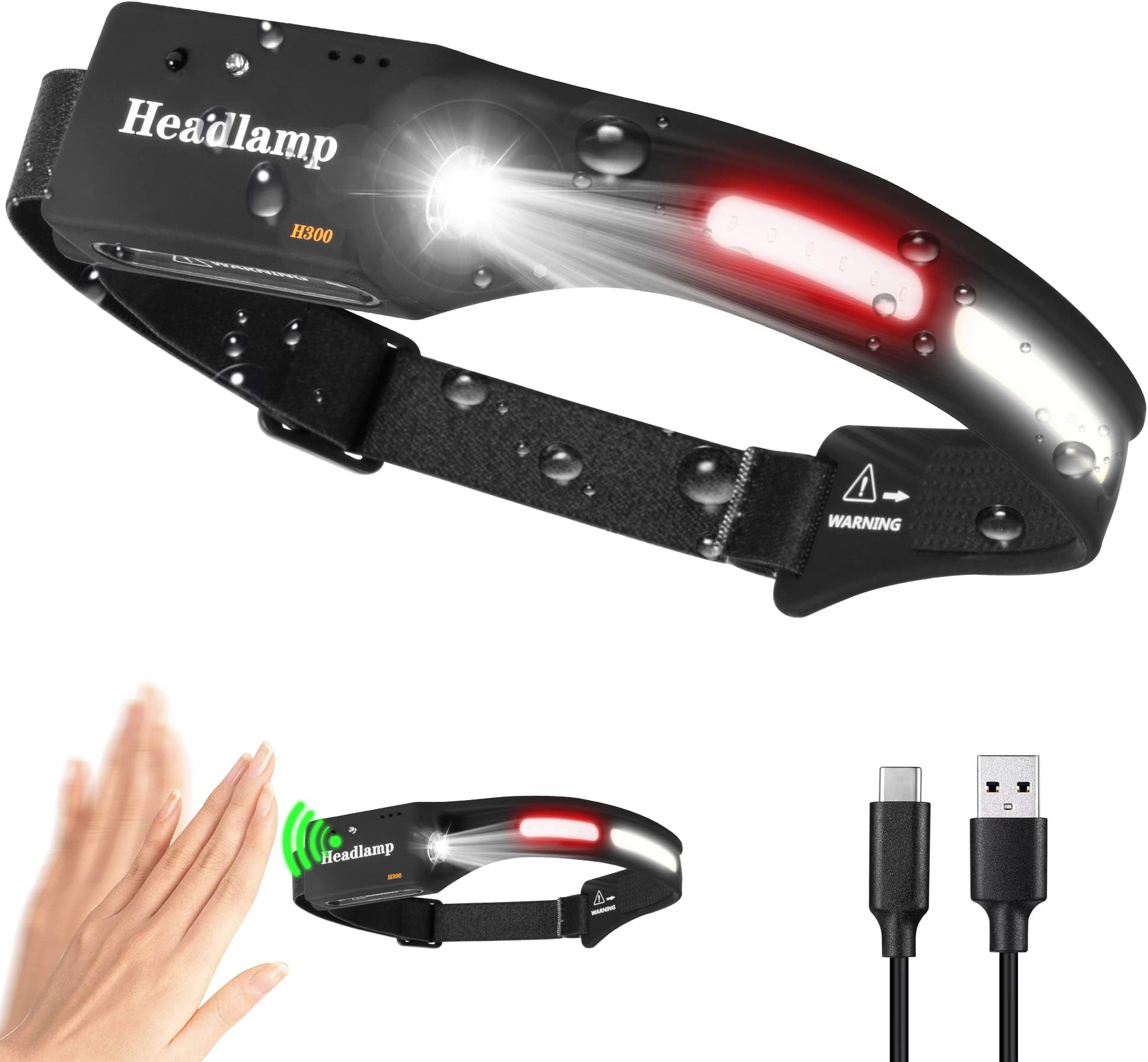 Headlamp, BA-BOLING Running Motion Sensor Headlamp Pro Flashlight, Led Rechargeable Lightbar Headlamp Pro 230 Led 500 Lumens, Strip Cob Head Lamp Headight Bar Broadbeam Lightband Pro White H300