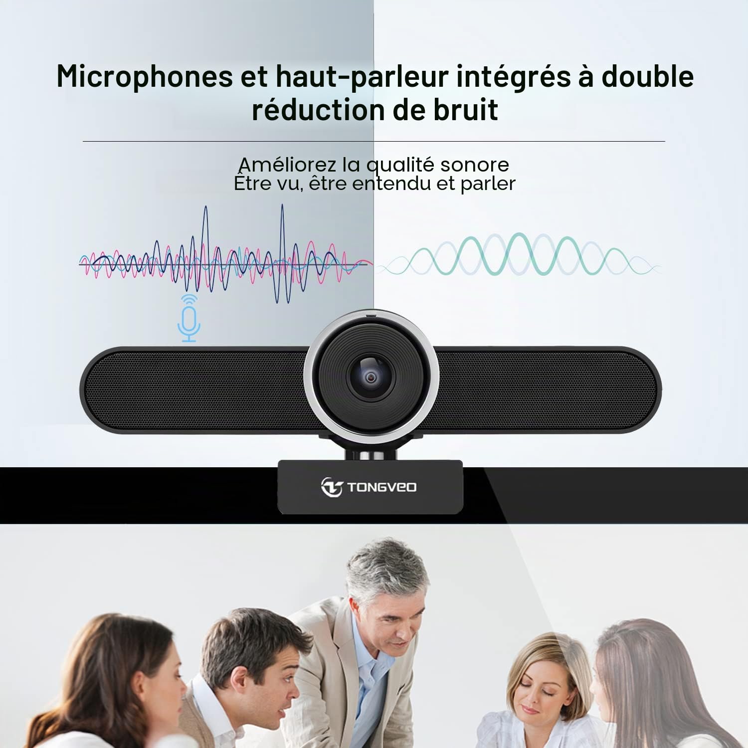 TONGVEO Webcam 4K pour conférence - Caméra avec mic et haut-parleur - Grande angle AI Auto Framing - Zoom compatible