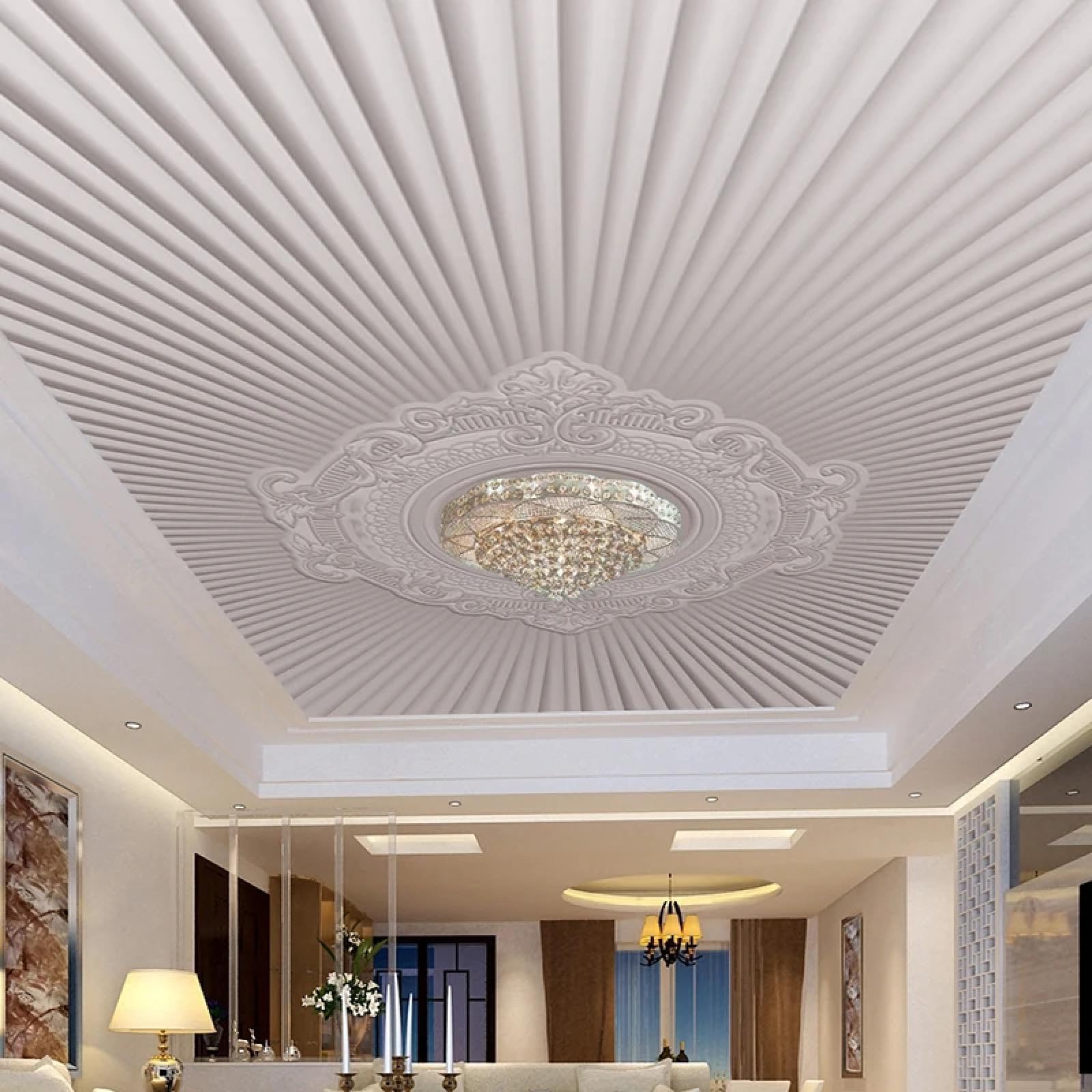 Tapeta 3D na sufit z freskiem w białe paski kredowe - Art Deco dekoracyjna tapeta do sufitów salonów i sypialni