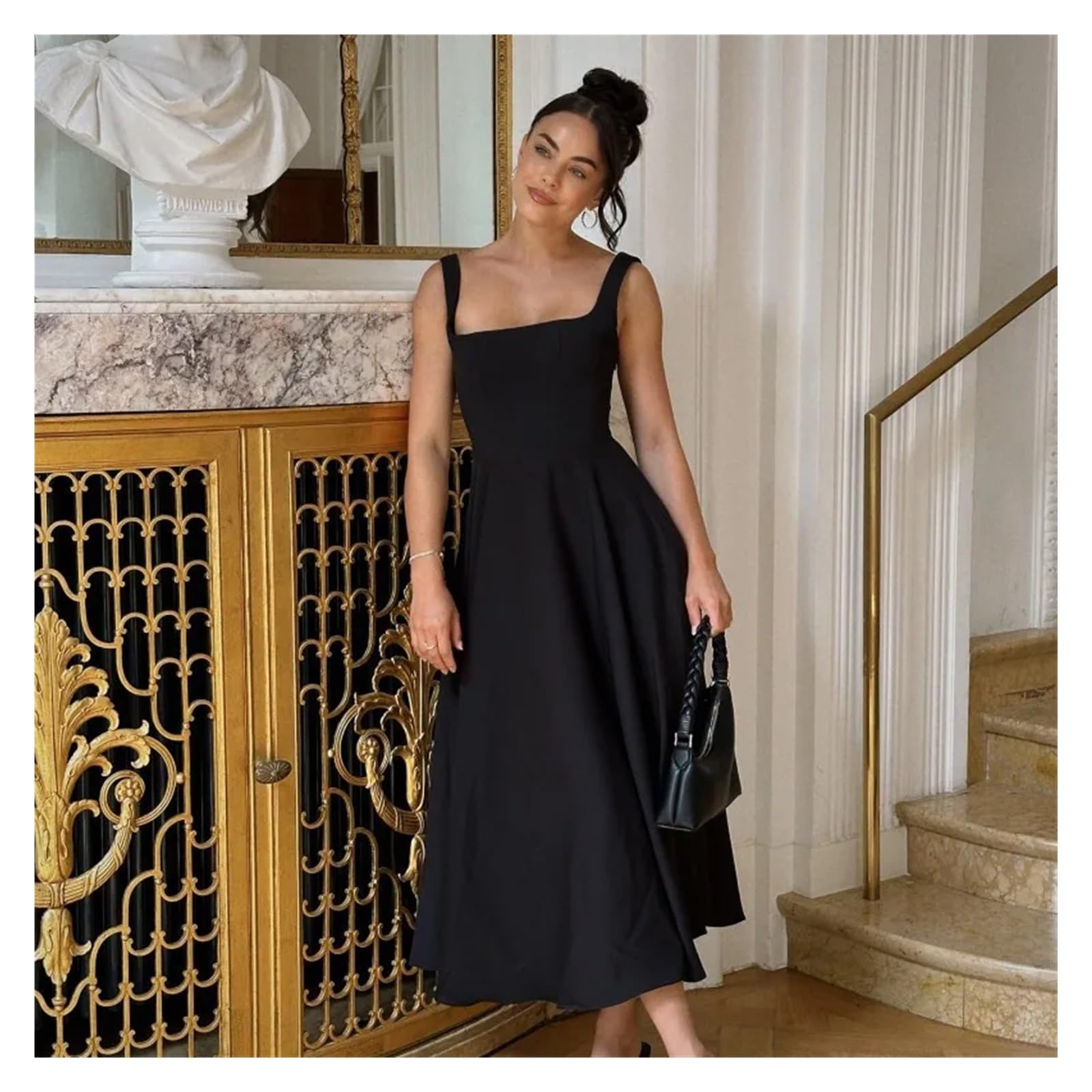 Fond De Robe Femme Robe d'été longue à bretelles, col carré, couleur unie, sans manches, tendance, for femme
