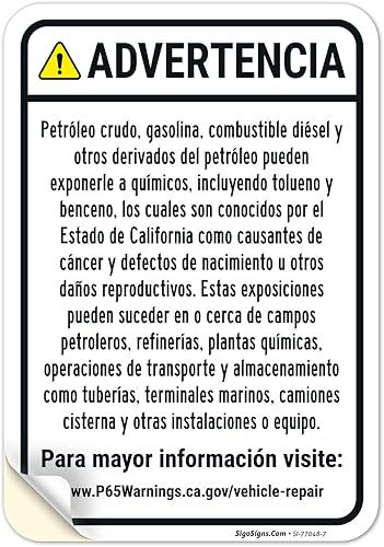 Sigo Sign, Warning Crude Oil Gasoline Diesel Fuel Other Petroleum Products Spanish Sign, 10x7 Inches, 4 Mil Vinyl Decal Stickers Weather Resistant,