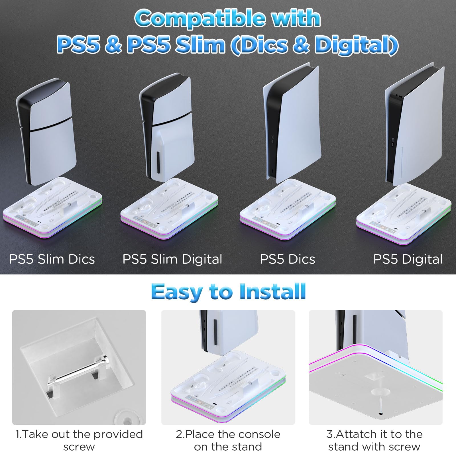 Supporto sottile e stazione di raffreddamento per PS5/PS5 con controller RGB LED stazione di ricarica per PlayStation 5, dock di ricarica per controller PS5 Edge e PS Portal PS5/PS5 accessori sottili