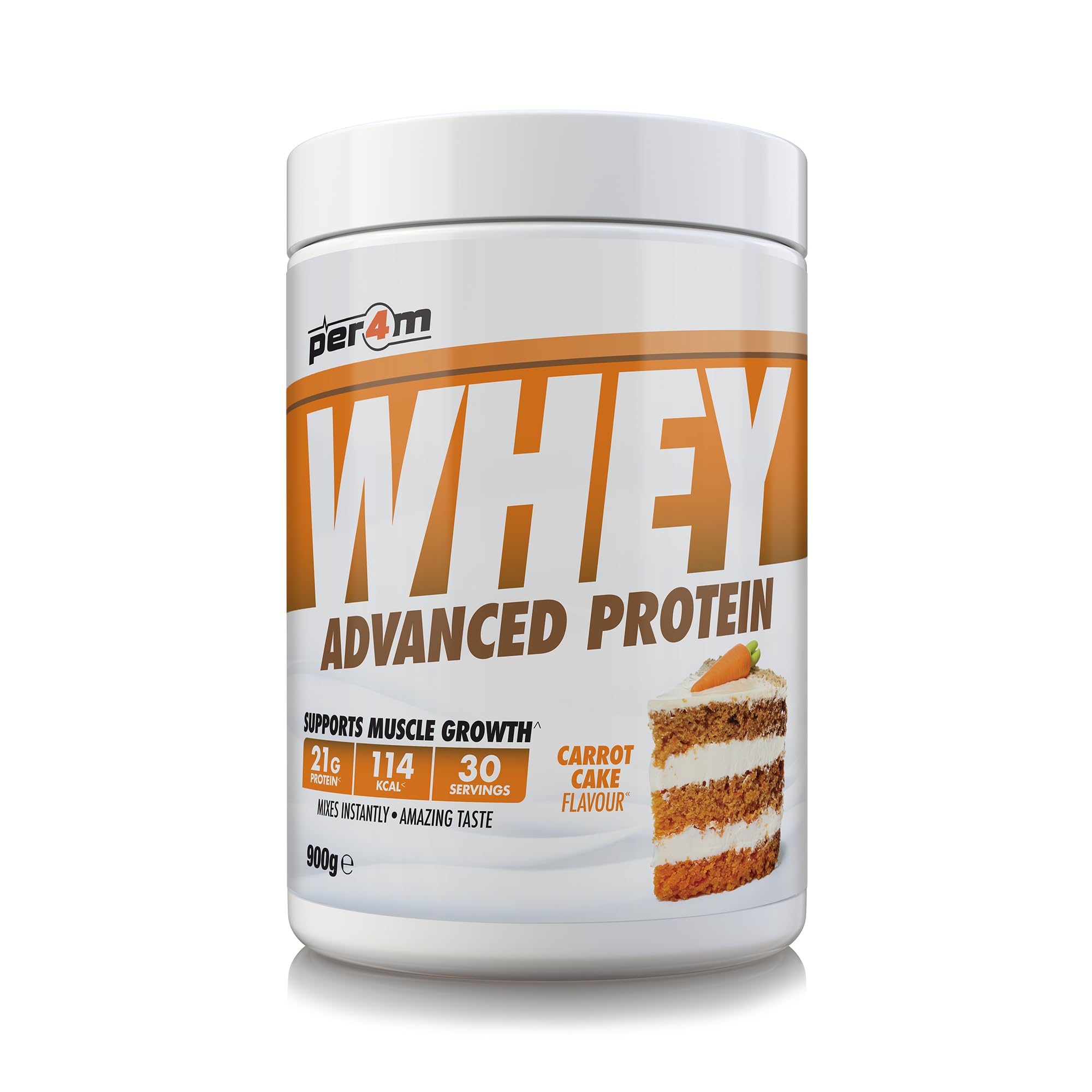 Per4m Whey Protein, Odżywka Białkowa WPC, 24 g Białka na Porcję, Budowanie Masy Mięśniowej i Szybka Regeneracja Po Treningu Siłowym dla Aktywnych Sportowców, Suplement Sportowy – Carrot Cake – 900 g
