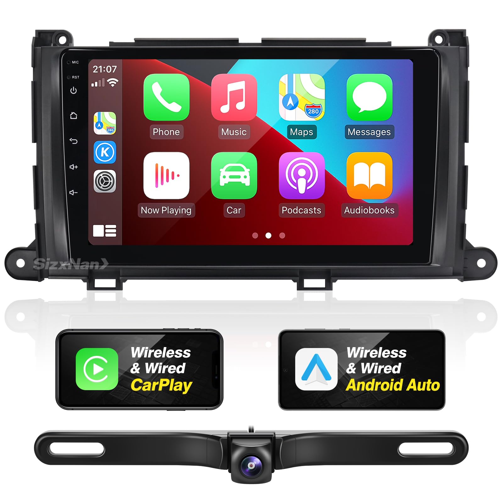 SizxNanv for Toyota Sienna Radio Compatible with Wireless Carplay Android Auto,Car Upgrade Android Stereo 8core Touchscreen Bluetooth Navigation GPS WiFi FM/AM Backup Camera Head Unit (for 2011-2014)