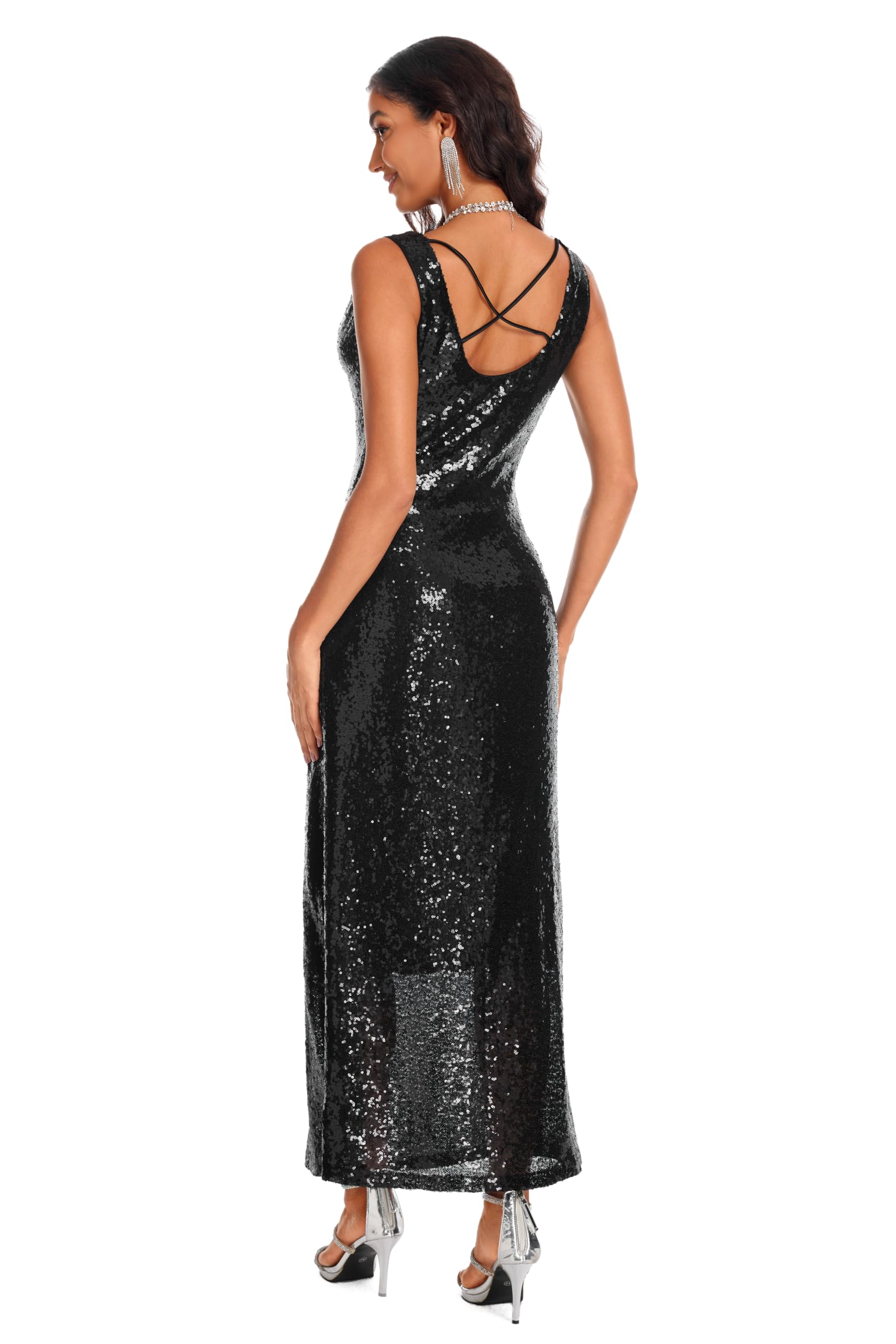 Damen Pailletten Kleid Glitzer Kleid Ärmellos Lang Cocktailkleider Abendkleid Partykleid Maxikleid für Hochzeit