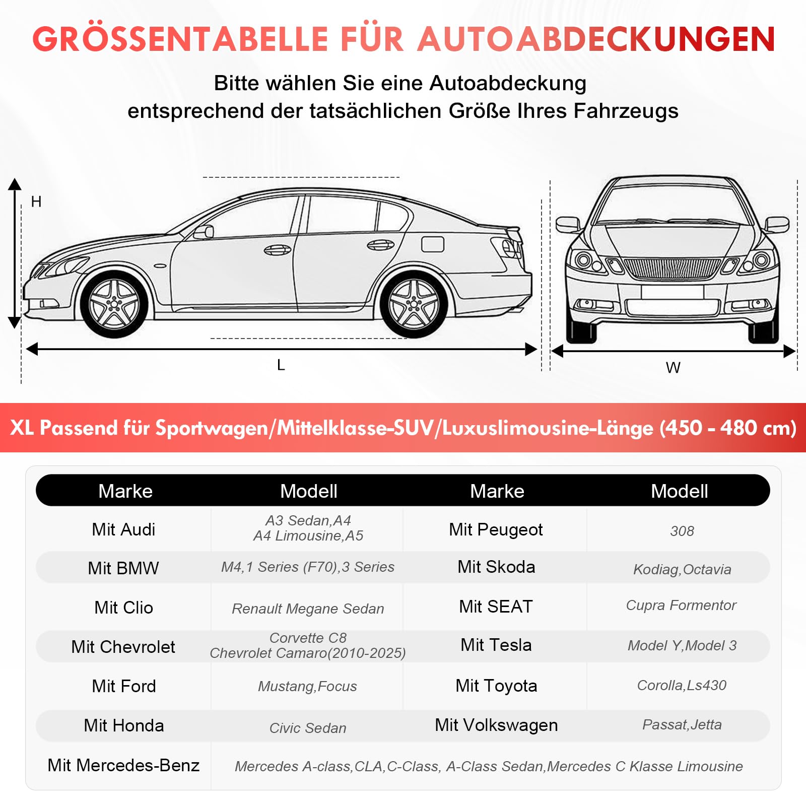 Autoabdeckung Indoor, Staubdichte Stretch, Rot & Schwarz - XL | Weich & Luftdurchlässig, für Limousine, Sportwagen, SUV, Abdeckplane Auto Indoor Winter Universal Autogarage