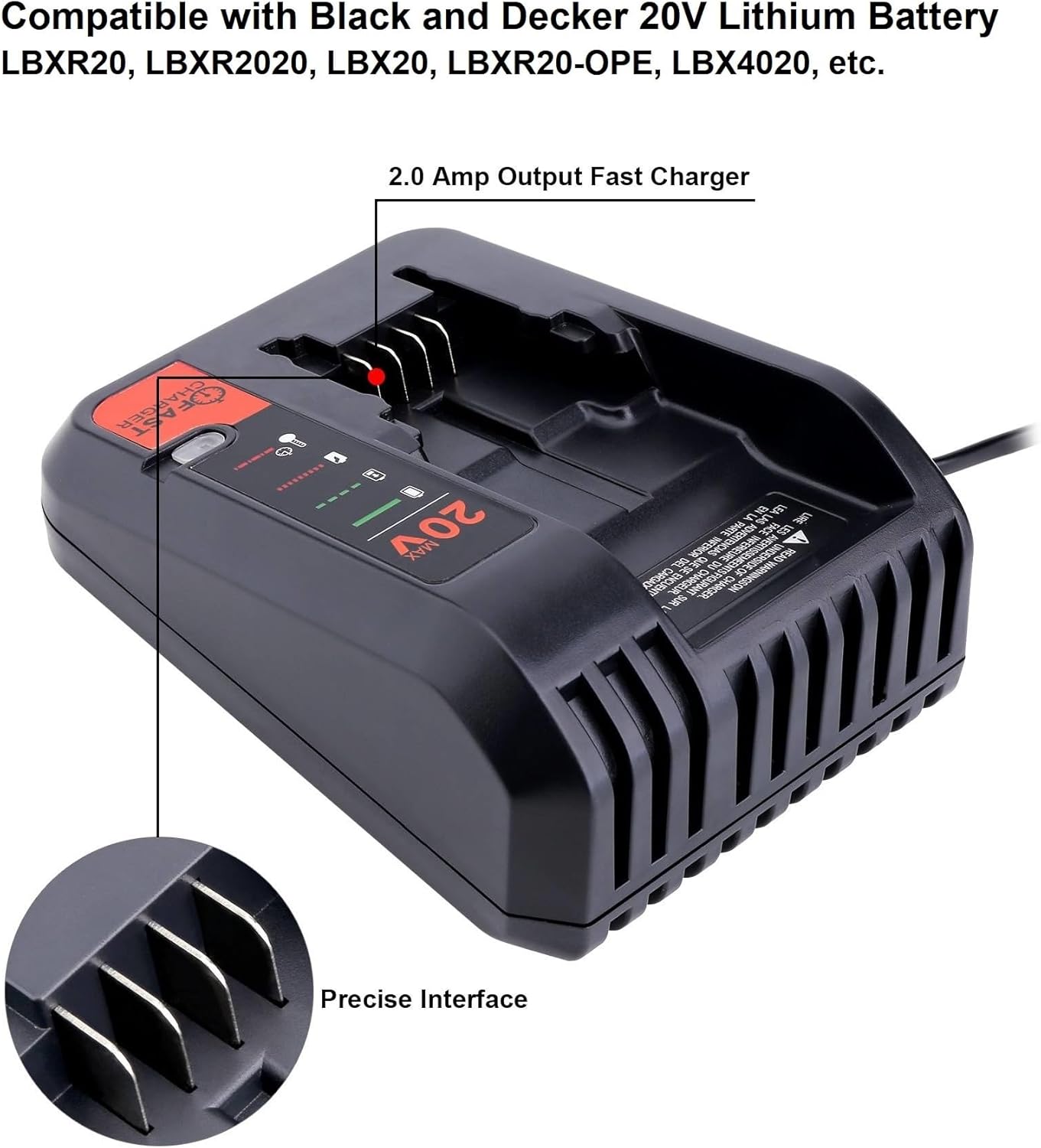 20V Fast Charger Compatible with Black and Decker 20V 12V Max Lithium Battery LBXR20 LBX4020 LBXR2020, BDCAC202B 20Volt 2A Lithium Charger Compatible with Black and Decker Drill Battery - Image 4