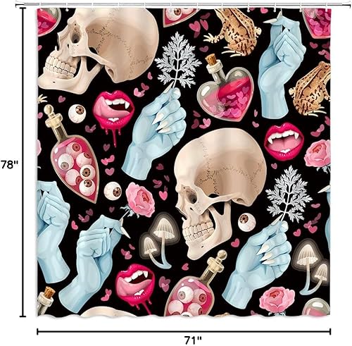 Vista 79 de Cortina de ducha Happy Halloween con diseño de calavera de bruja, murciélago espeluznante, alquimia gótica, tablero de ouija mágico, hongo de bruja