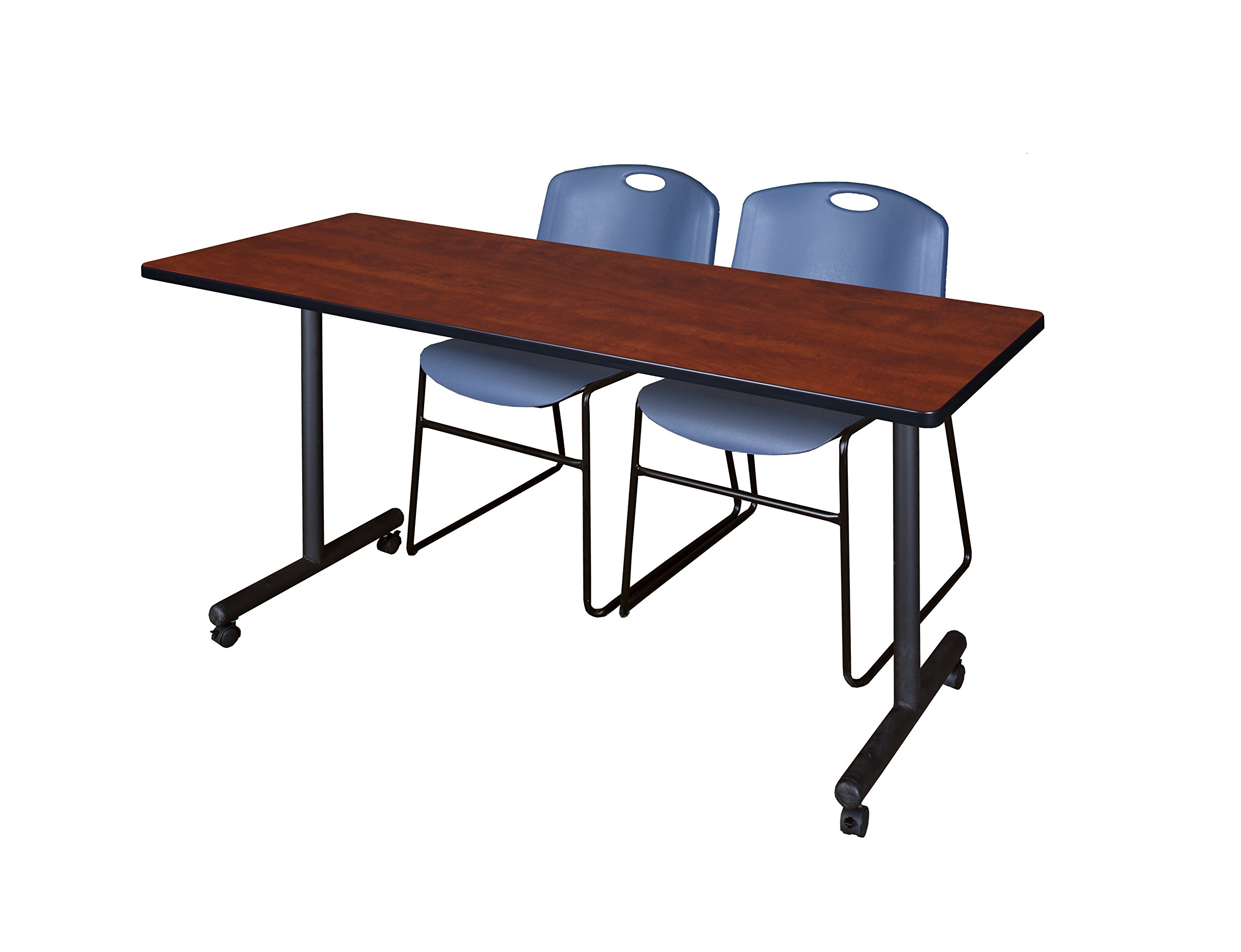 Regency Kobe 66 x 24 in. Mobile T-Base Training Table- Cherry, 2 Zeng Stack Chairs- Blue