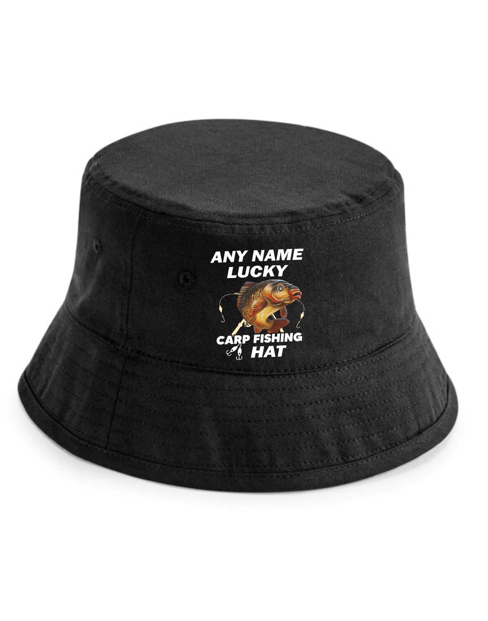 Print4u Unisex Black Lucky Carp Fishing Bucket Hat Personalise With Any Name Anglers Gift Sm