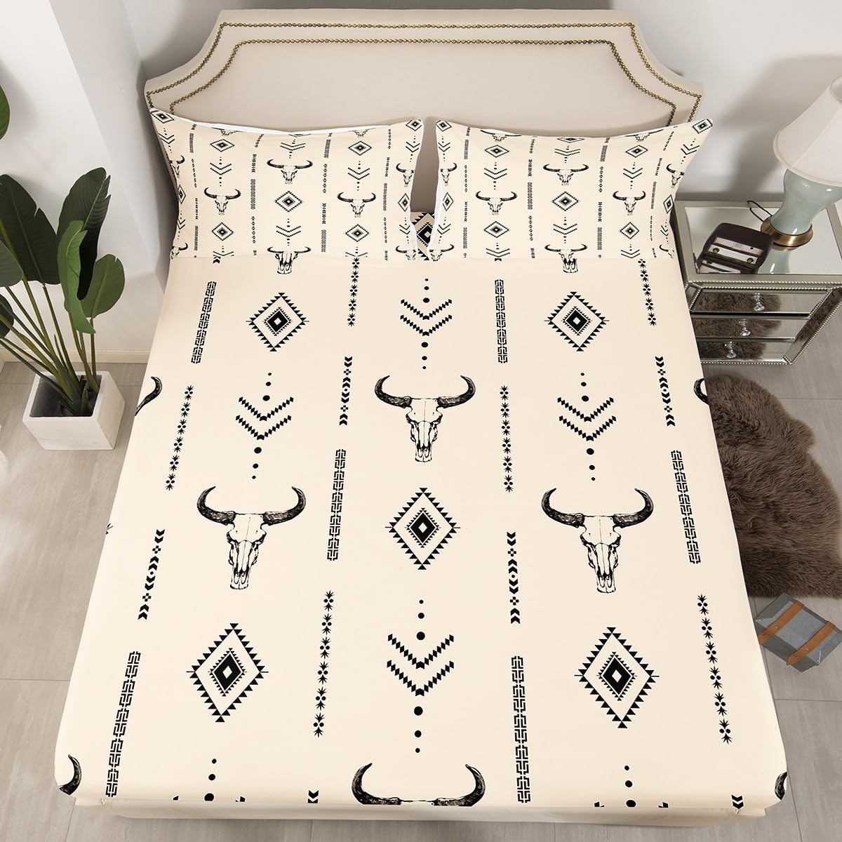Boho Western Fitted Sheet Bohemian Aztec Bed Sheets Exotic Bull Skull Sheets Full,Rustic Tribal Horns Symbol Mysterious Bed Set for Geometric Abstract Southwest Bedding Set