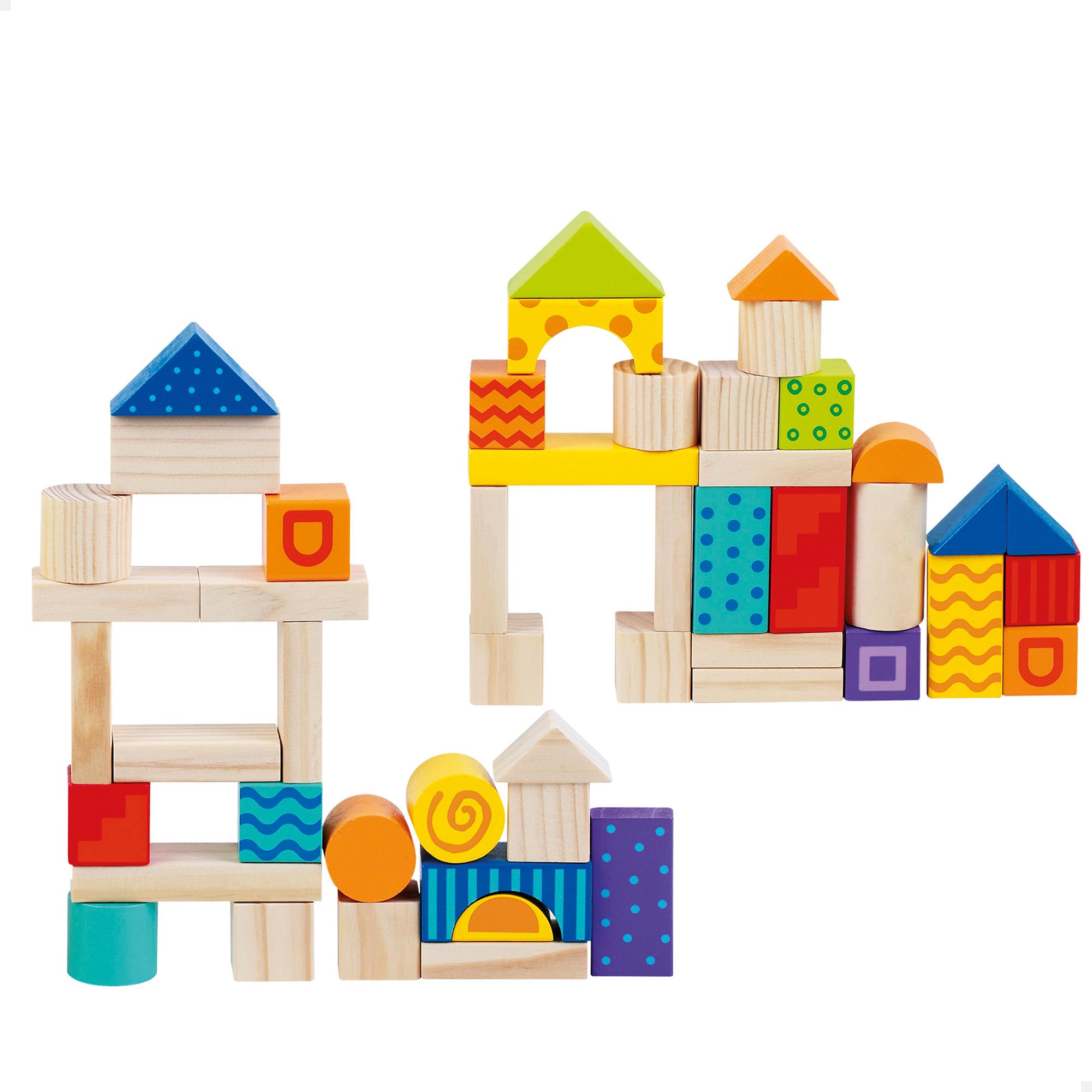 WOOMAX Juegos de construcción, 50 piezas, Bordes redondeados, Construcciones para niños, Incluye cubo con tapa y asa, Juegos piezas encajables, Torre de bloques infantil, Juguetes 24 meses (49764)
