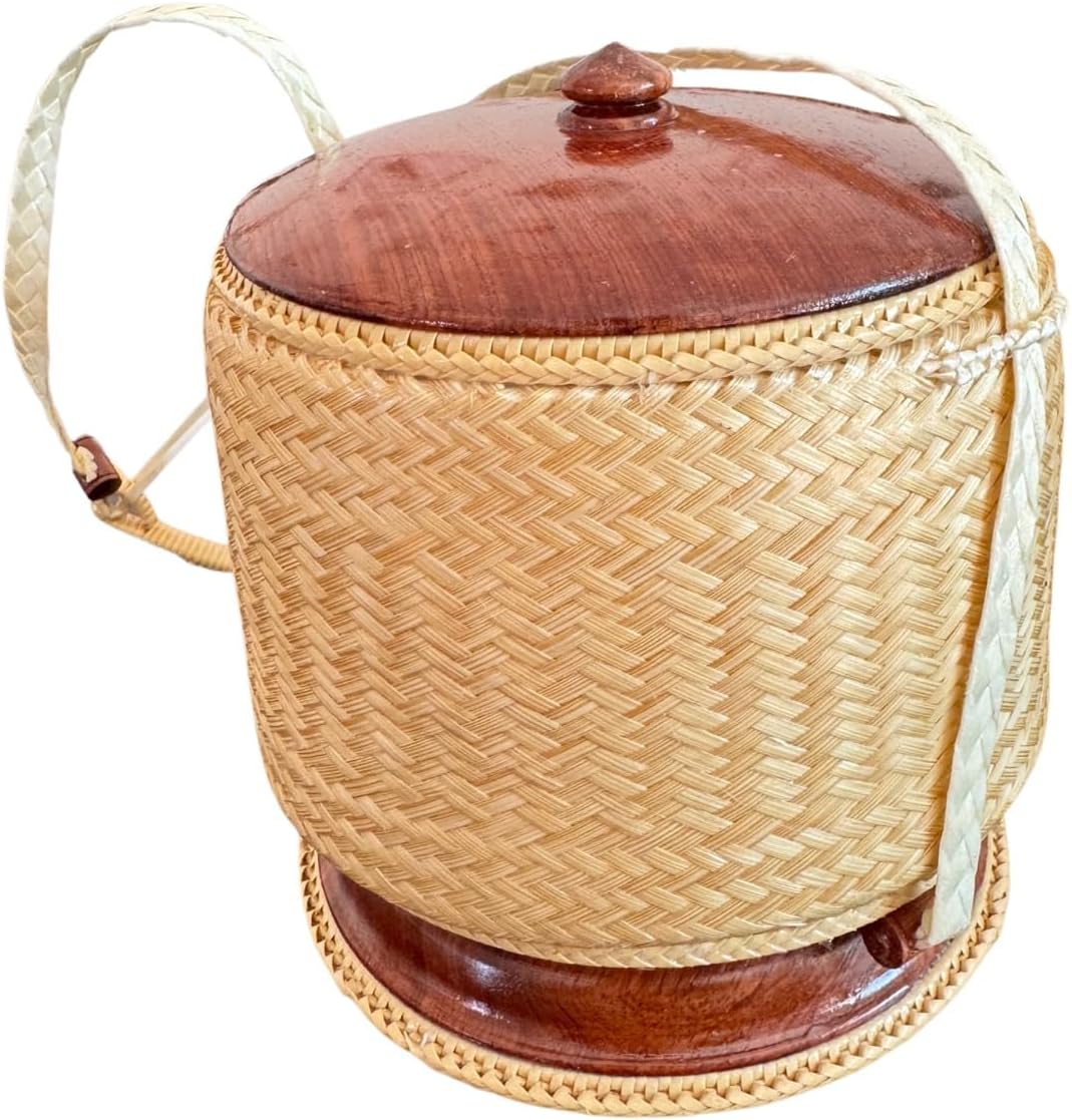 Sticky Rice Container with Rosewood lid, Handcrafted Storage Basket, Handmade Rice Basket For Gift, Rice Basket For Decor