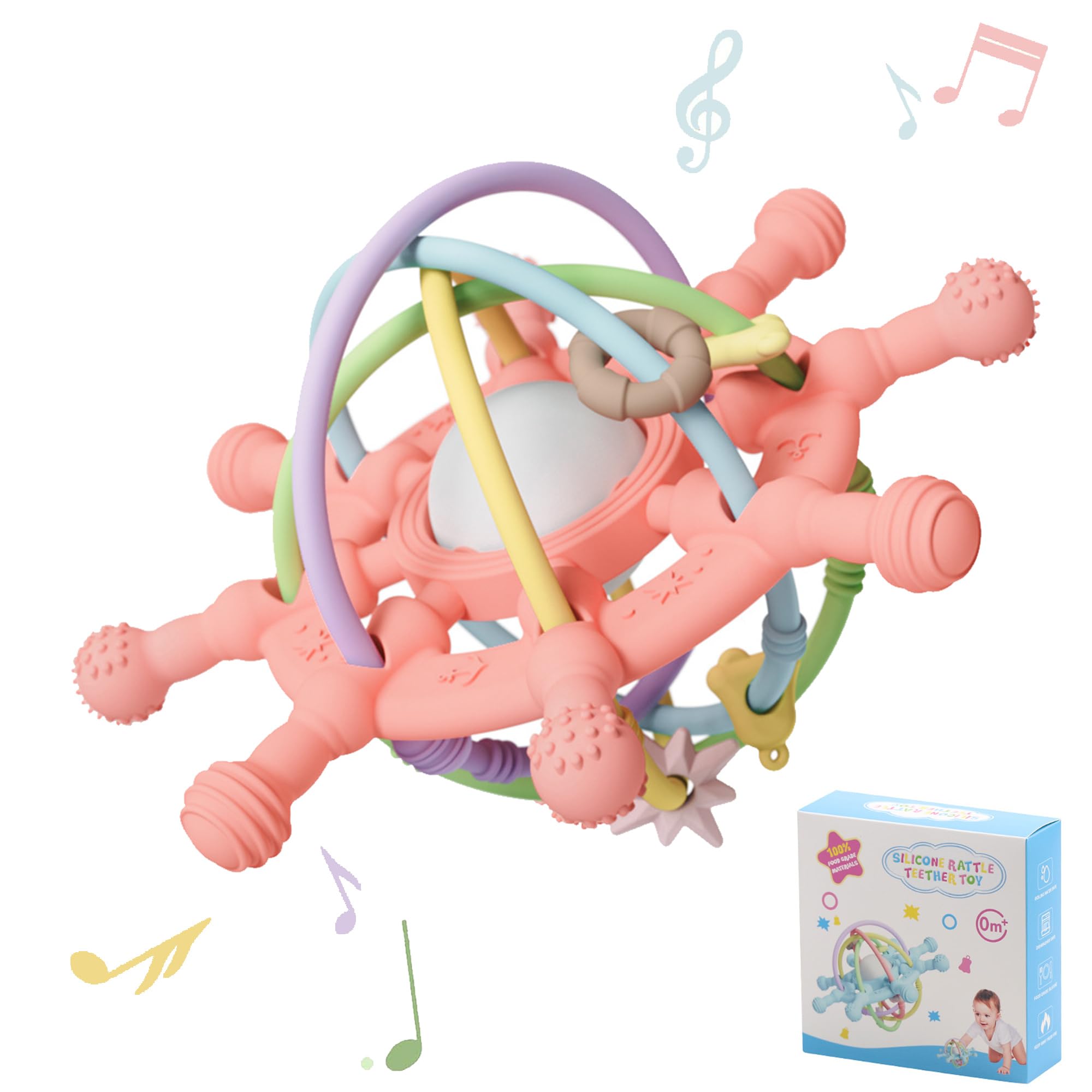 Sugeru®Mordedor Bebe Sonajero,Juguete la Dentición de Silicona,Juguete Agarrar,Accesorio de Enfermería la Dentición sin BPA,Pelota bebe,Blandito y de Fácil Agarre,Bebés de más de 3 Meses (Rosa)