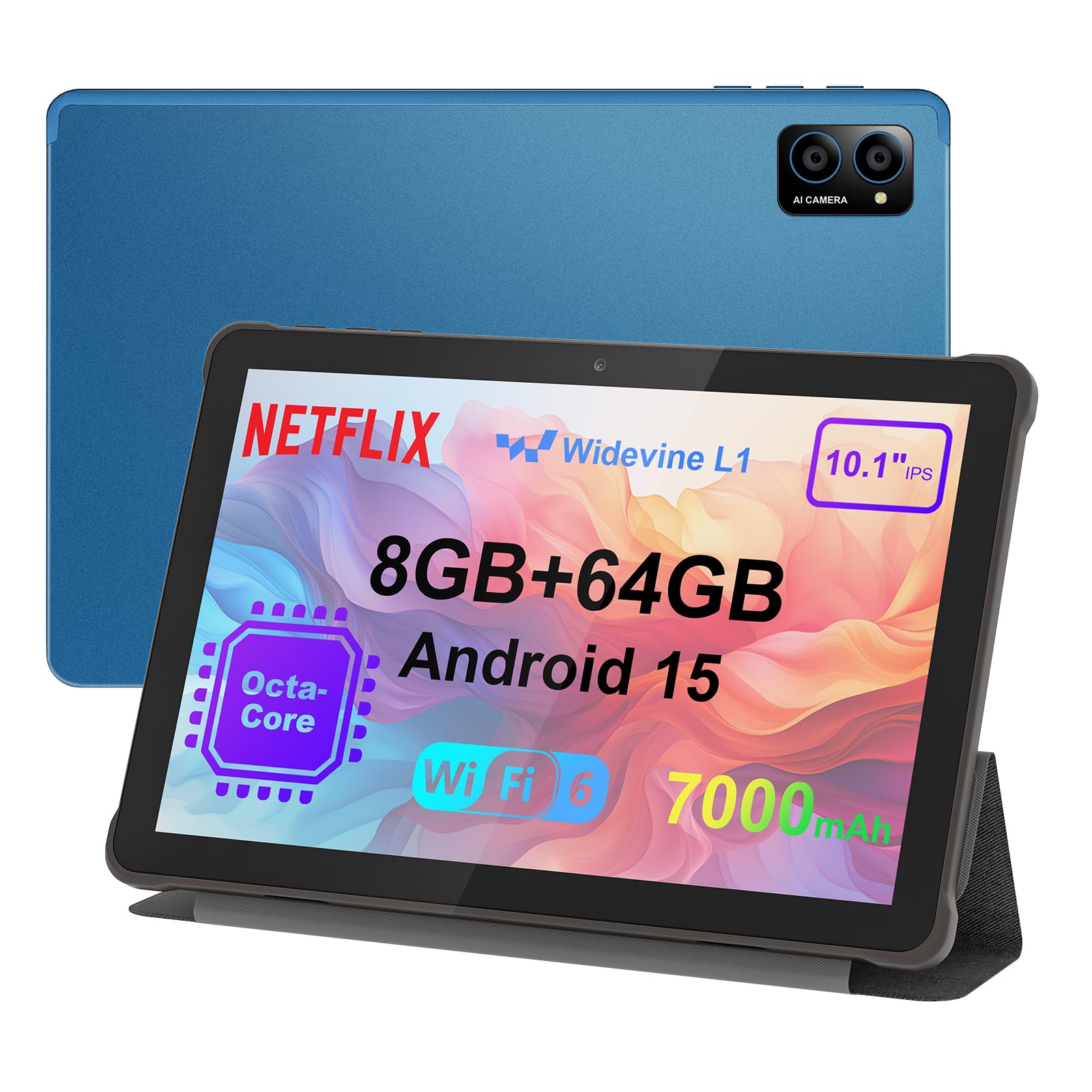 Tableta Android 15 de 10 pulgadas: Octa-Core, 8 GB de RAM, 64 GB, 7000 mAh, con estuche de soporte, pantalla IPS HD, Wi-Fi 6, OTG, cuerpo metálico: tableta rápida y portátil para el trabajo y el entretenimiento, protección de 2 años