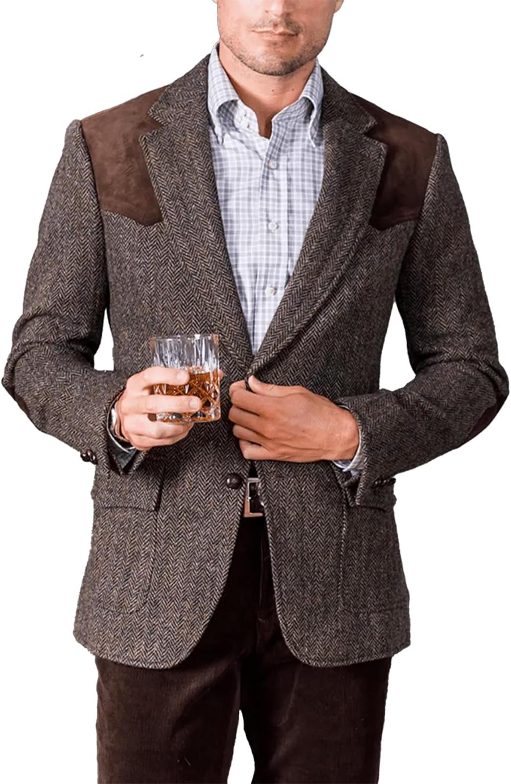 Men Tweed Blazer Herringbone Wool Blend Sport Jacket with Patch on Shoulder & Elbow Retro Casual Slim Suit Blazer