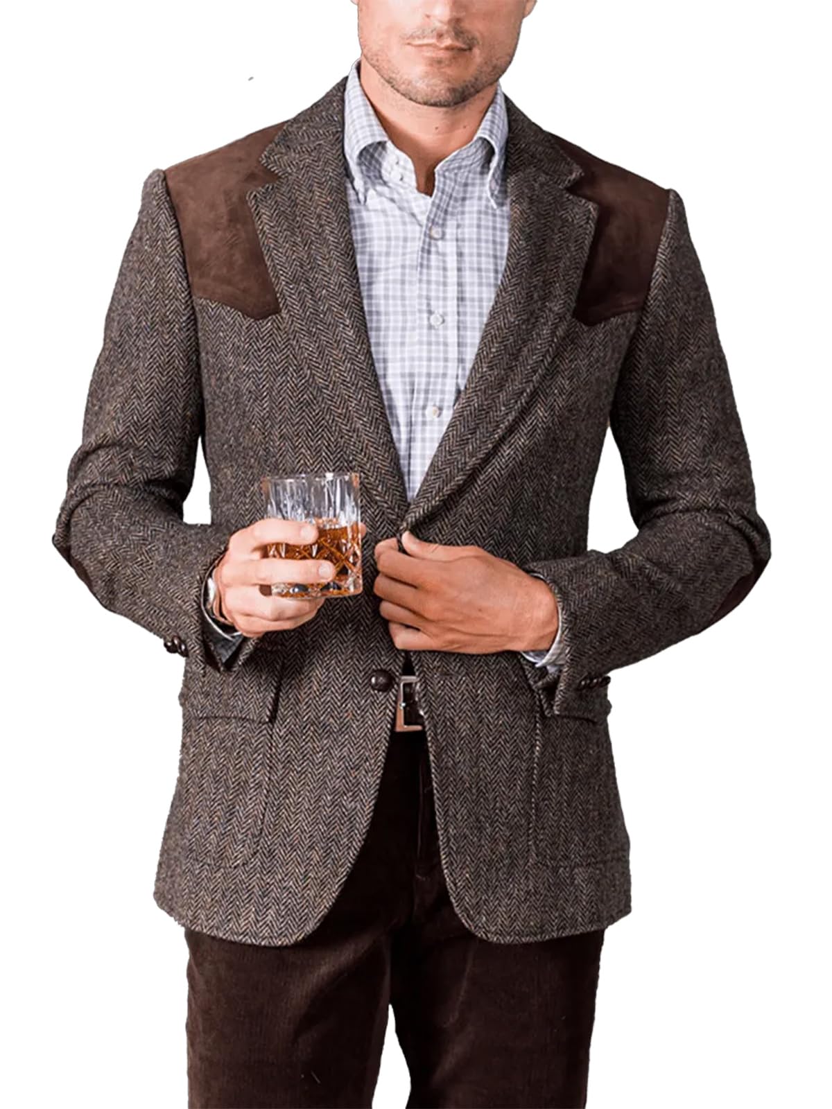 Men Tweed Blazer Herringbone Wool Blend Sport Jacket with Patch on Shoulder & Elbow Retro Casual Slim Suit Blazer