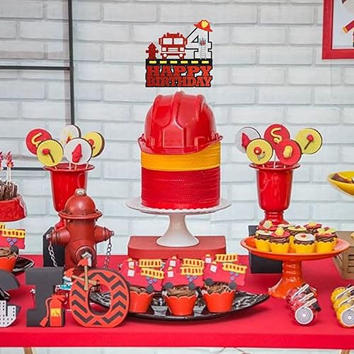 Miniatura 5 de Decoración para pastel de fuego de 4º cumpleaños – Sombrero de hidrante de escalera de camión temática para fiesta de cumpleaños SugarGera