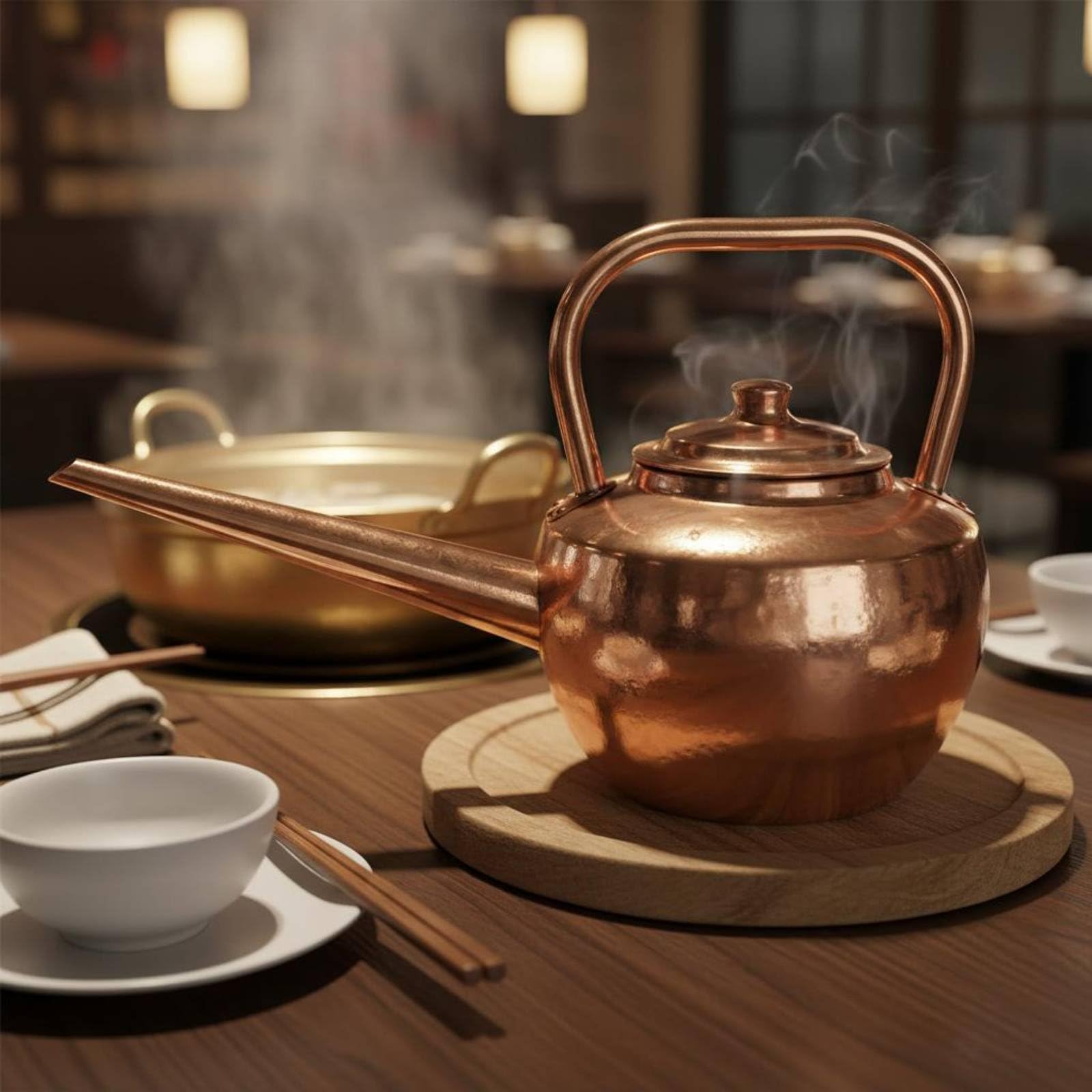 Kupfer Suppenkelle Kupferkessel Warmtopf Ausgießkanne Schöpfkelle Kupferkörper mit Langem Ausguss Gleichmäßiger Fluss für Und Wasser für Gastronomie Buffet Esstisch Hotpot, Kupfer, 5 Liter