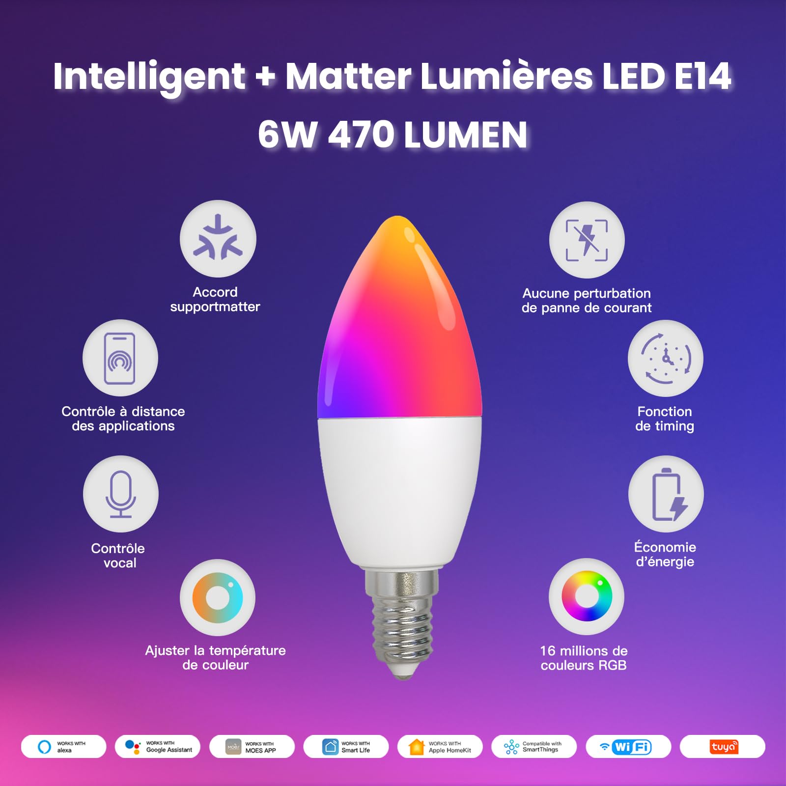 MOES Ampoule Intelligente RGB E14 Matter 6W 470LM, 4 Pcs