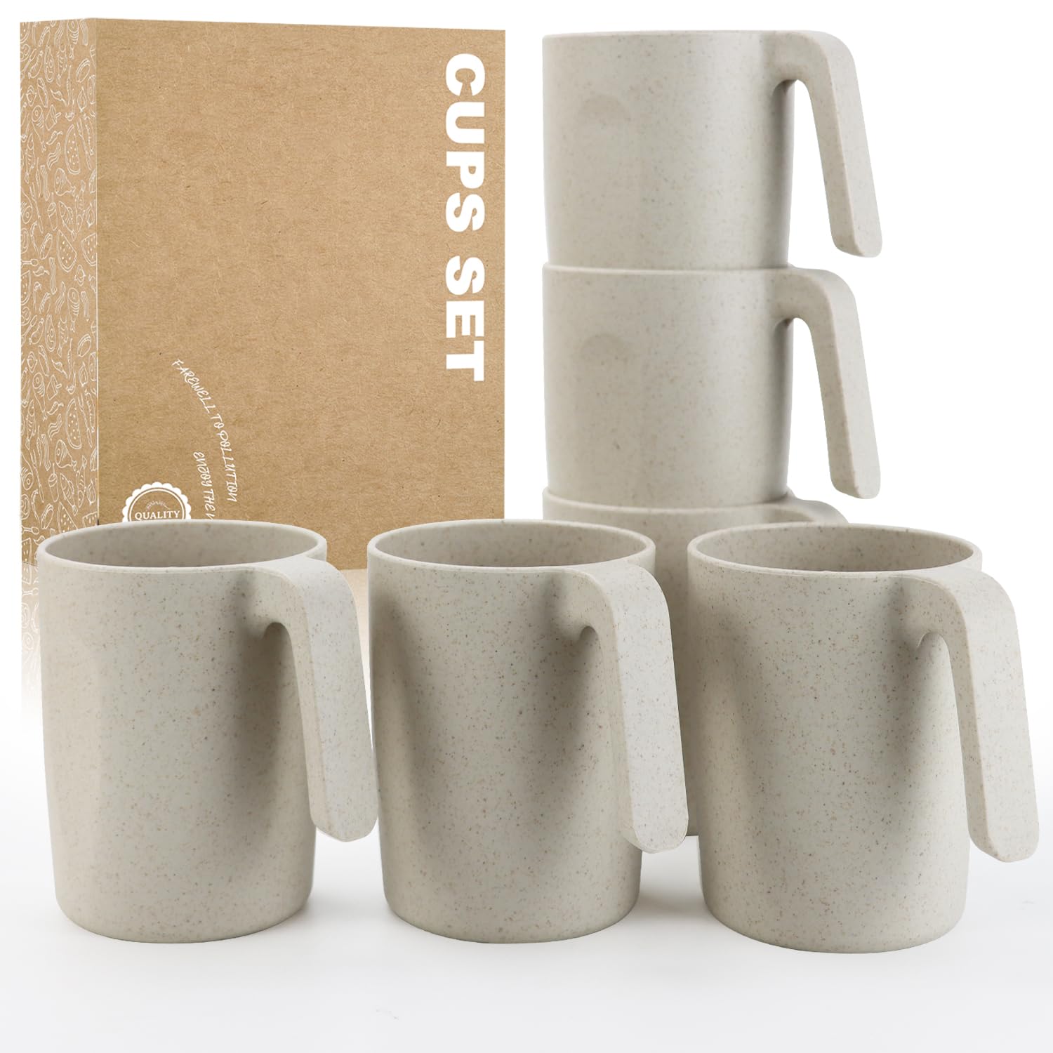 Wrova Plastic Coffee Mugs Set of 6 - Unbreakable Large Mugs 16 oz Plastic Cups Reusable Drinking Glasses Dishwasher and Microwave Safe Cups Set- Beige — image 1