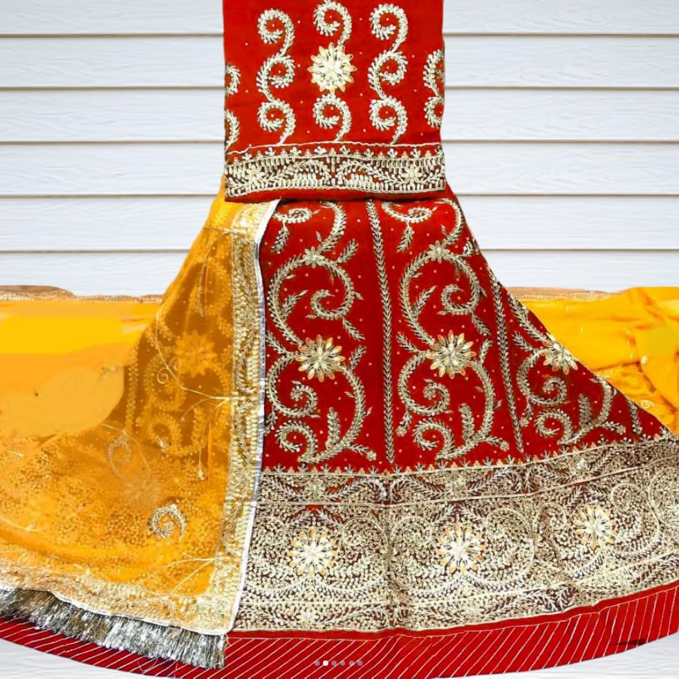 Image of Heavy Embroidery Work Semi Stitched Shimmer Silk Designer Rajputi Poshak For Women Rajasthani Lehenga Choli