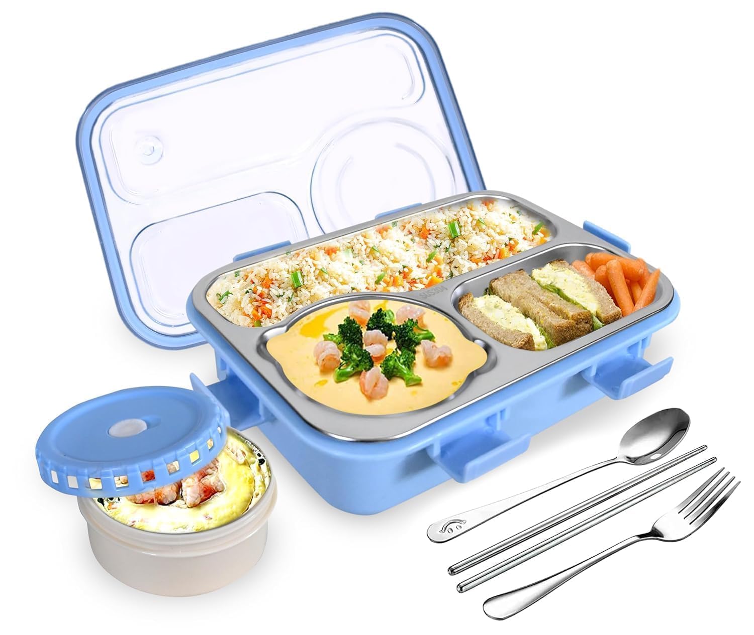 DOCAT Lunch Box 3 Compartment, 304 Stainless Steel Tiffin Box with Utensils (Fork, Spoon, Chopsticks), Lunch Box for Kids, Leak-Proof BPA-Free Tiffin Box for School & Office Use 750ml (Blue)
