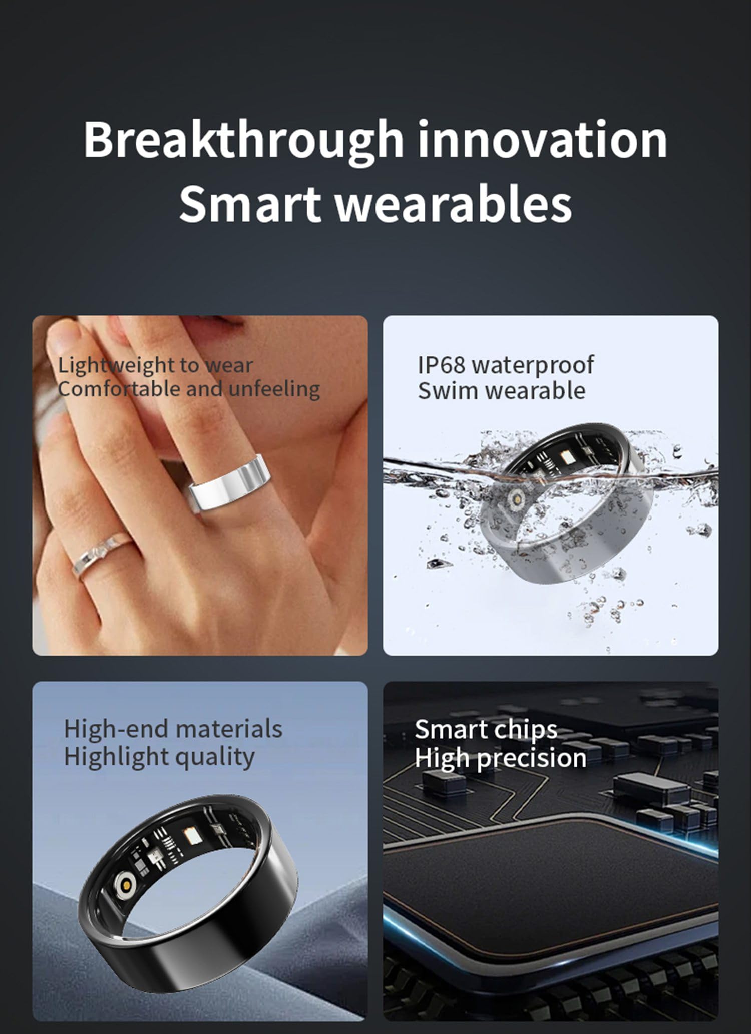 Smart Ring Health Tracker Zilver - IP68 Waterdichte Stappenteller, Slaap en Fitness Monitoring, Afstandsbediening Foto Maken (Maat 12