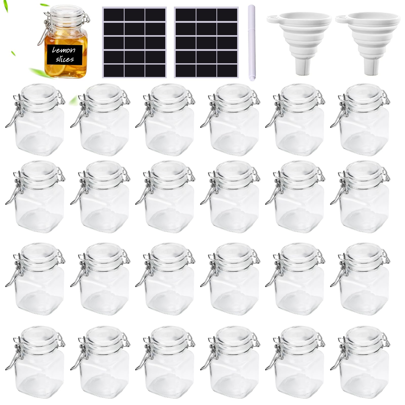 24 Mini Pots à Épices en Verre Hermétique,Mini Bocaux en Verre avec Clip,Bocaux a Epices Hermétiques en Verre avec Couvercles,Petits Bocaux en Verre avec Clip,Céréales,Grains