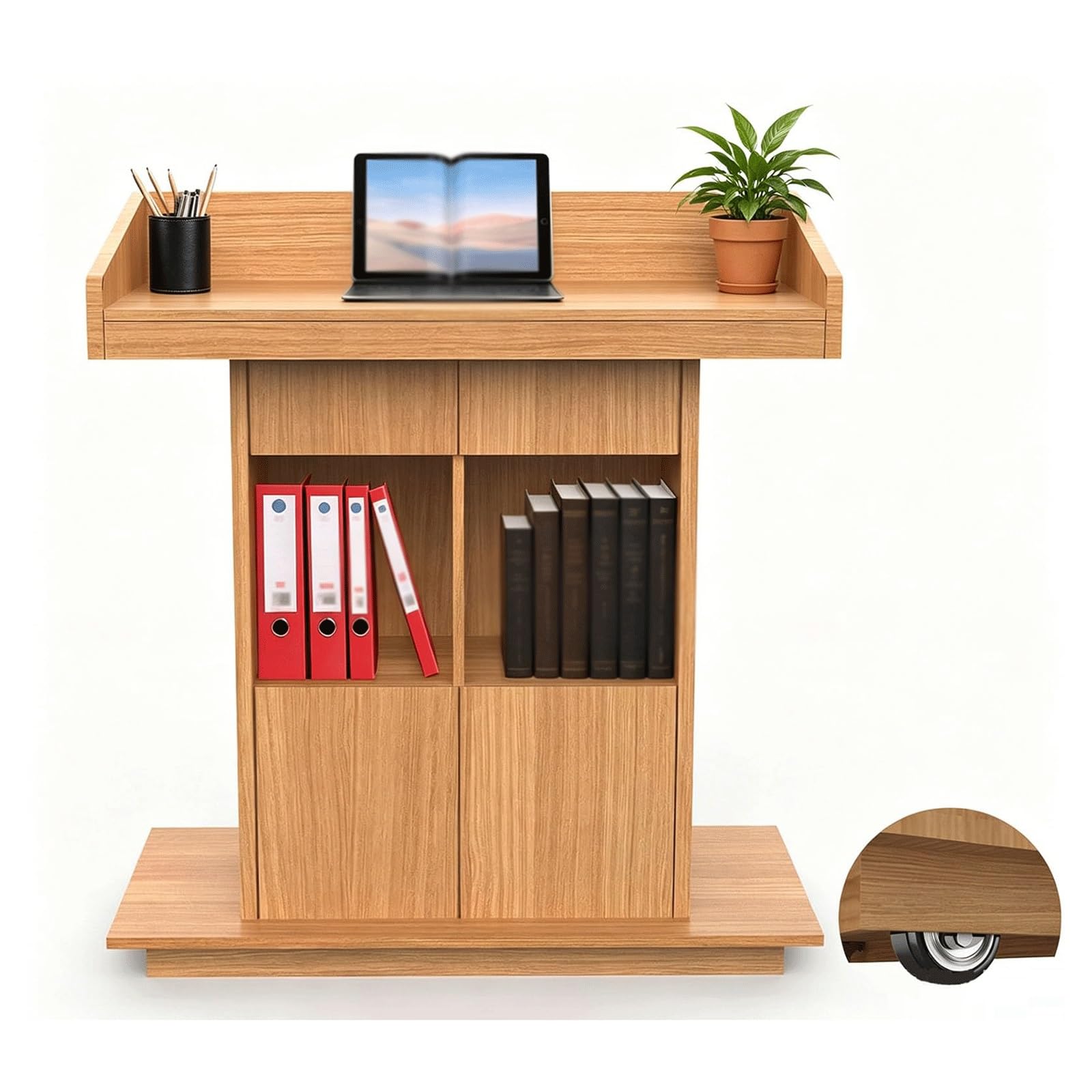 Support de Podium en Bois, chaire d'église Robuste avec roulettes verrouillables, Support d'hôtesse sur Pied Mobile avec pupitre de Rangement(Light Walnut)