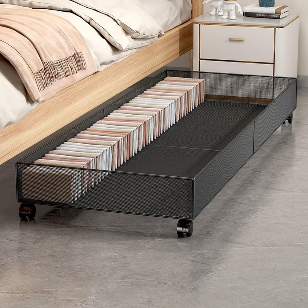 Scatola portaoggetti in metallo sotto il letto con ruote, organizer di grande capacità per vestiti e scarpe, contenitore in ferro resistente con rotelle (nero)