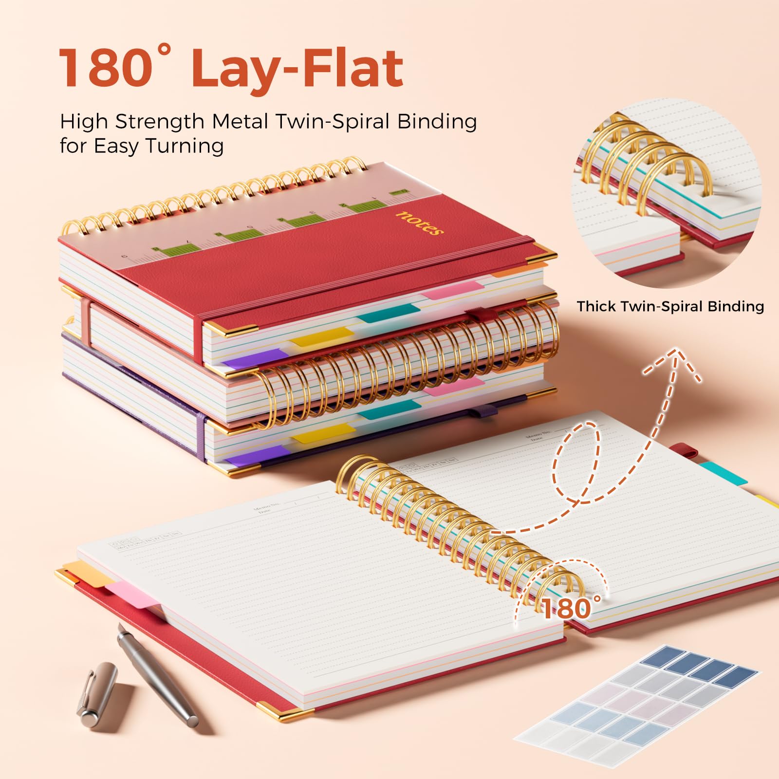 Quaderno a spirale con copertina rigida e divisori rimovibili, linguette e righello, quaderno a 5 argomenti, a righe universitarie, 300 pagine, grandi quaderni B5 da 20,3 x 25,4 cm, per scuola e