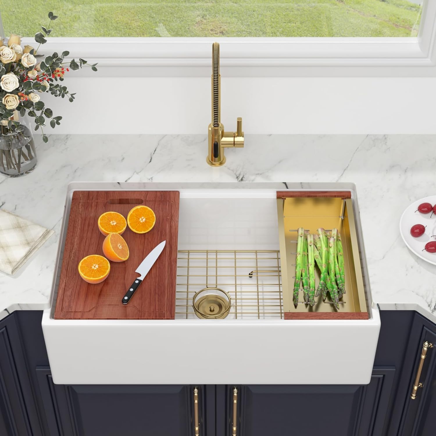Kichae 33 Inch White Farmhouse Kitchen Sink Flat Apron Front Farm Sink Workstation with Slide Ledge Fireclay Ceramic Porcelain Single Bowl 33 x 20 Farm Style with Gold Accessories