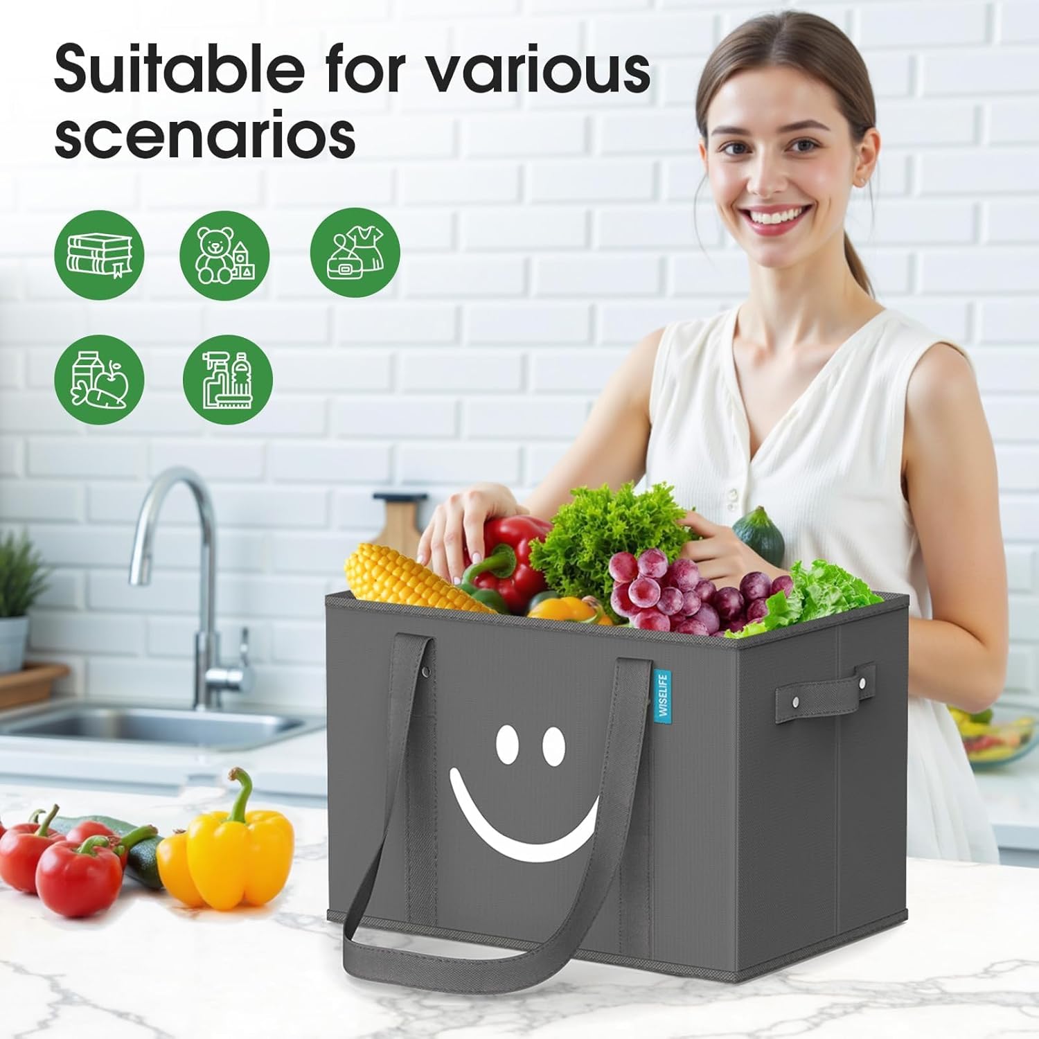 WISELIFE Reusable Grocery Bags 3 Pack - Collapsible Tote Shopping Bags with Sturdy Handles & Bottom to Stands Upright, Grey - Image 6